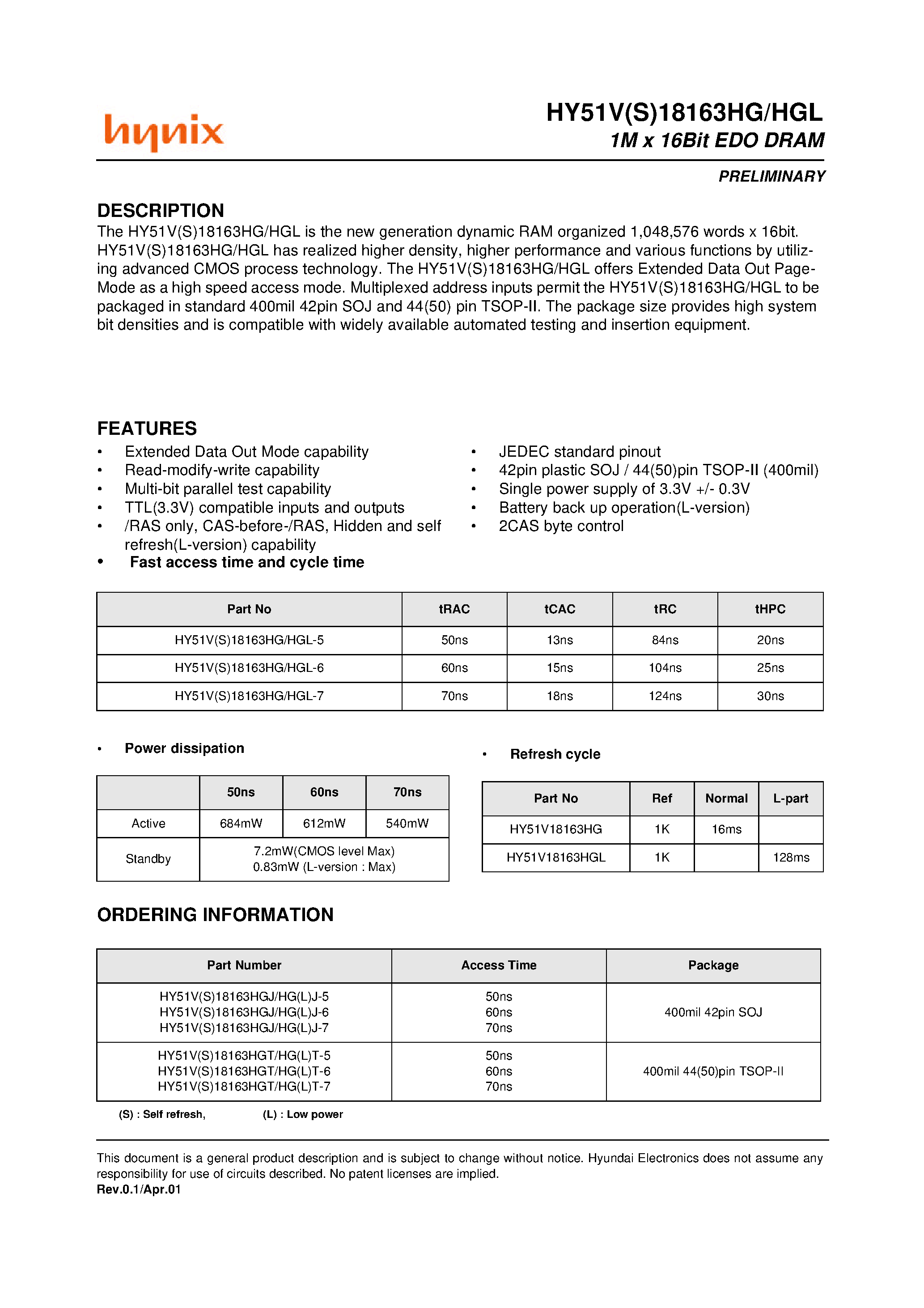 Даташит HY51V18163HGJ-6 - 1M x 16Bit EDO DRAM страница 1