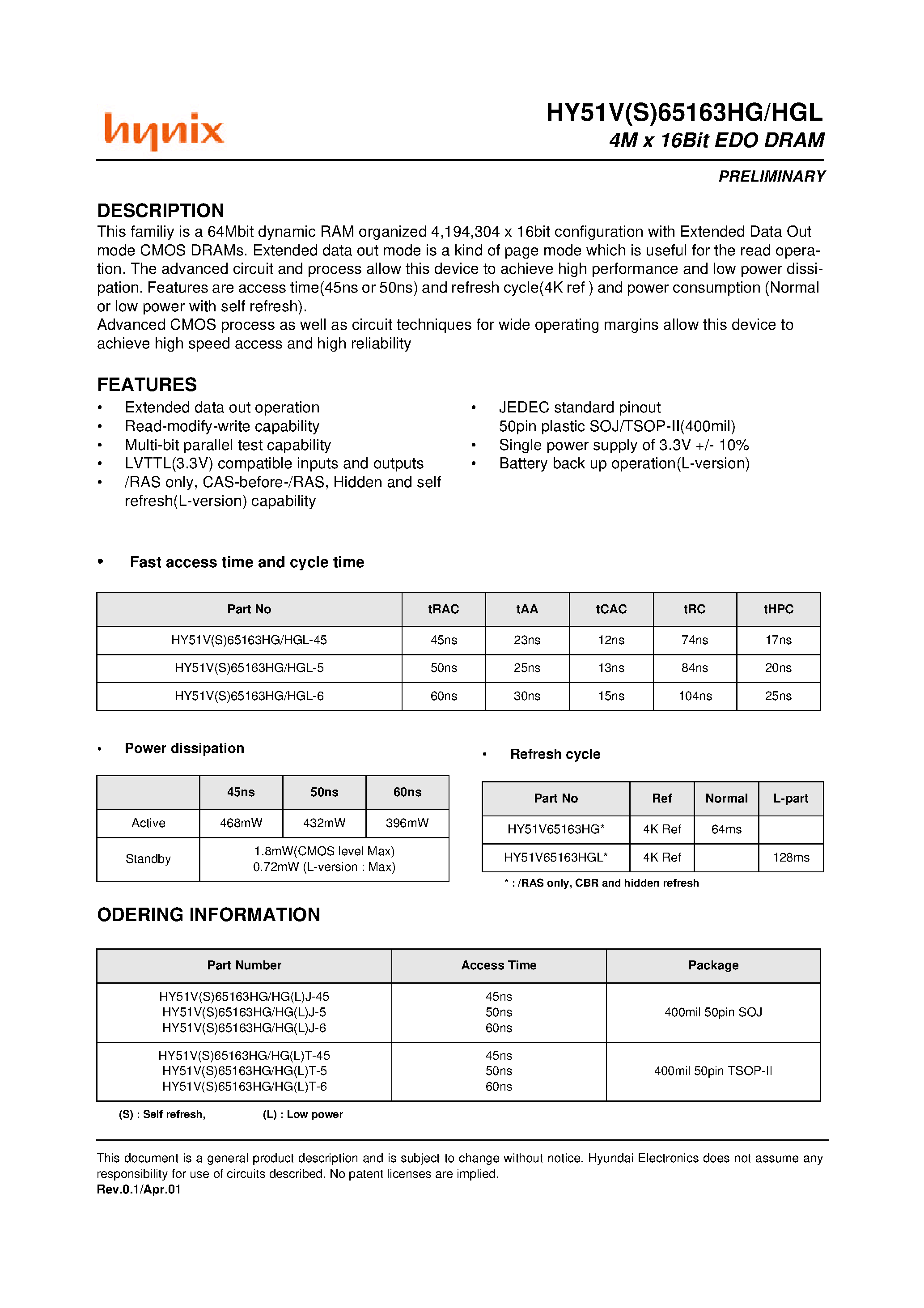 Datasheet HY51V65163HGT-5 - 4M x 16Bit EDO DRAM page 1