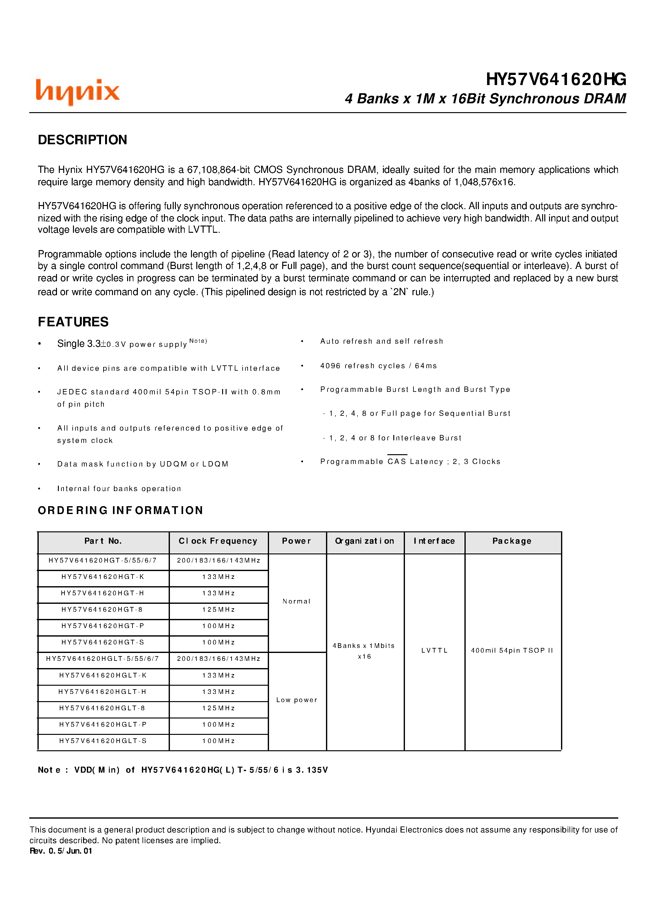 Datasheet HY57V641620HGT-5 - 4 Banks x 1M x 16Bit Synchronous DRAM page 1