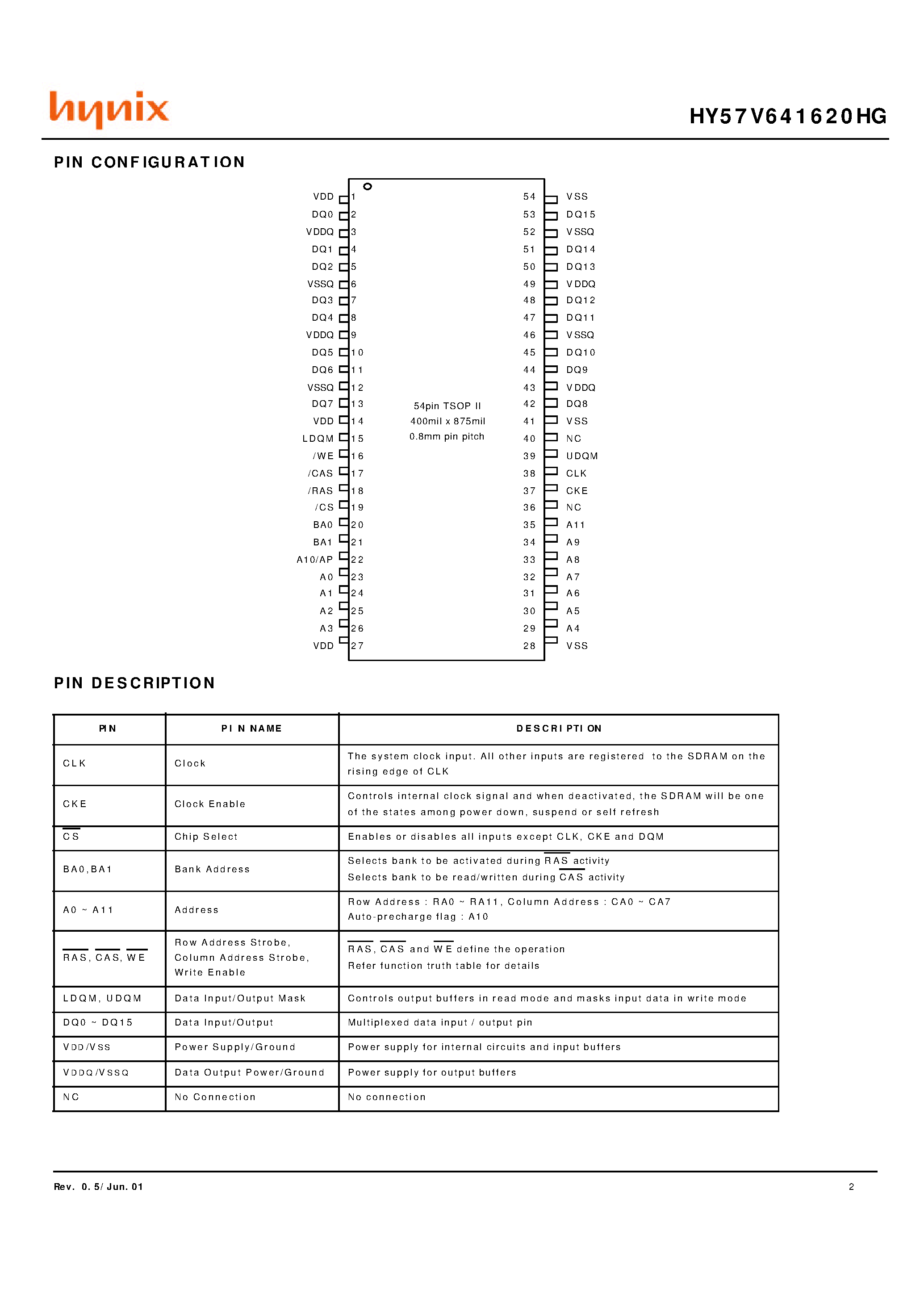 Datasheet HY57V641620HGT-5 - 4 Banks x 1M x 16Bit Synchronous DRAM page 2