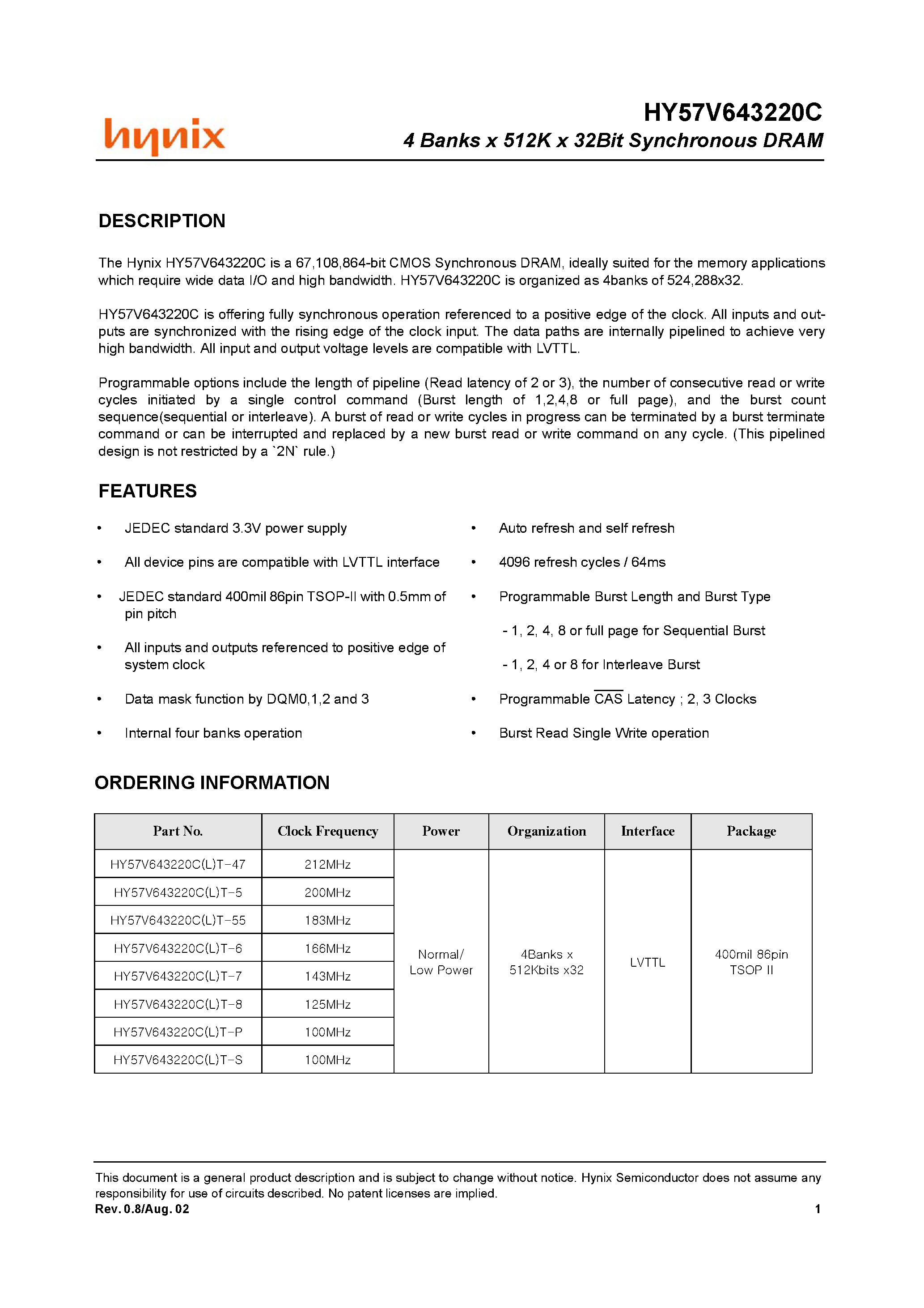 Datasheet HY57V643220CLT-5 - 4 Banks x 512K x 32Bit Synchronous DRAM page 1