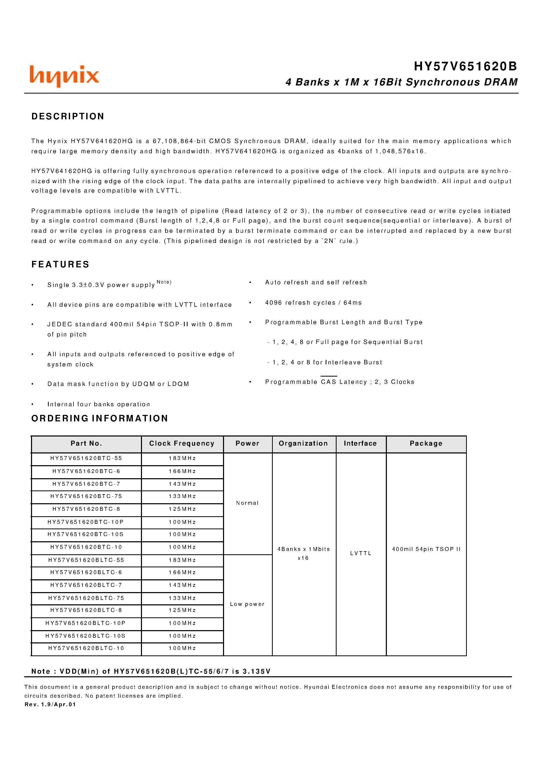 Даташит HY57V651620BTC-6 - 4 Banks x 1M x 16Bit Synchronous DRAM страница 1