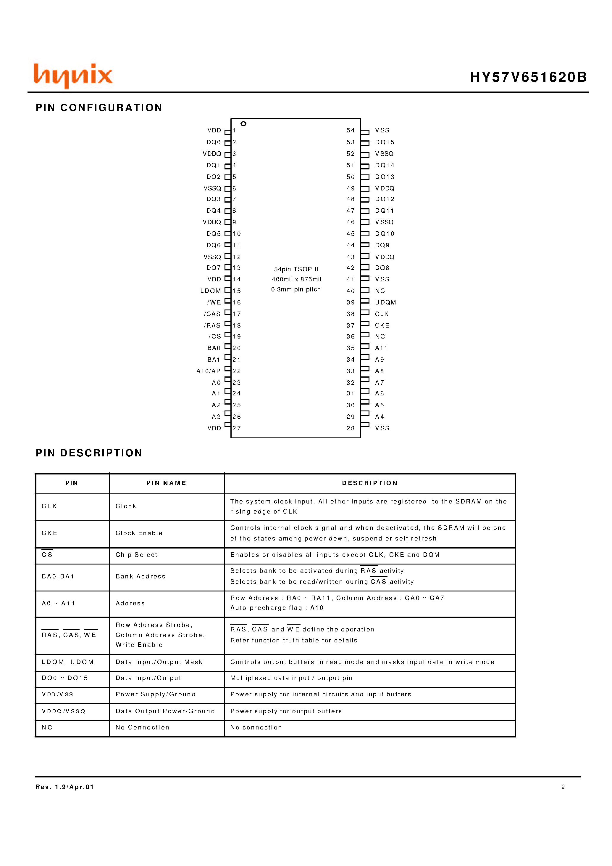 Даташит HY57V651620BTC-6 - 4 Banks x 1M x 16Bit Synchronous DRAM страница 2