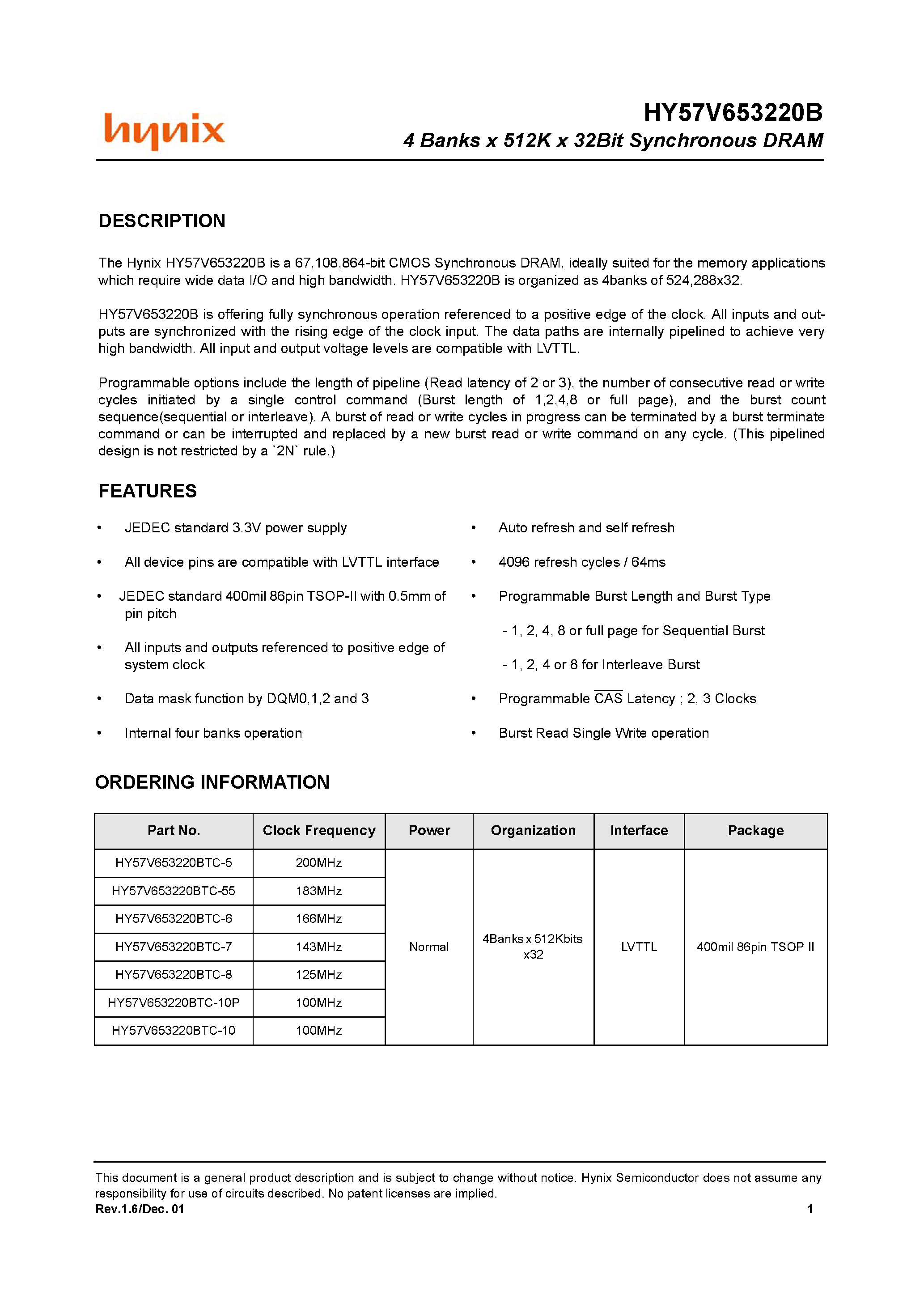 Datasheet HY57V653220BTC-5 - 4 Banks x 512K x 32Bit Synchronous DRAM page 1