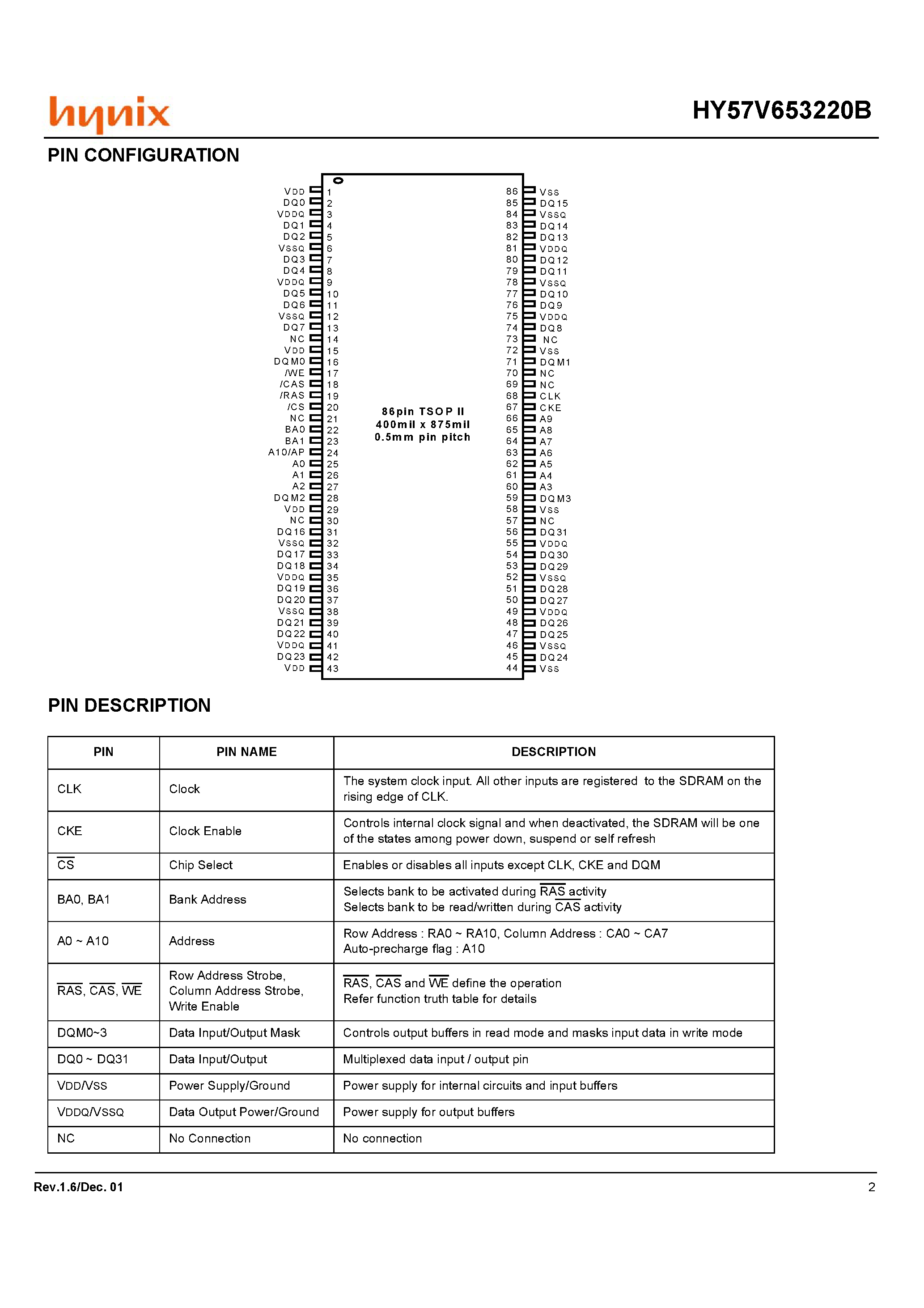 Datasheet HY57V653220BTC-5 - 4 Banks x 512K x 32Bit Synchronous DRAM page 2