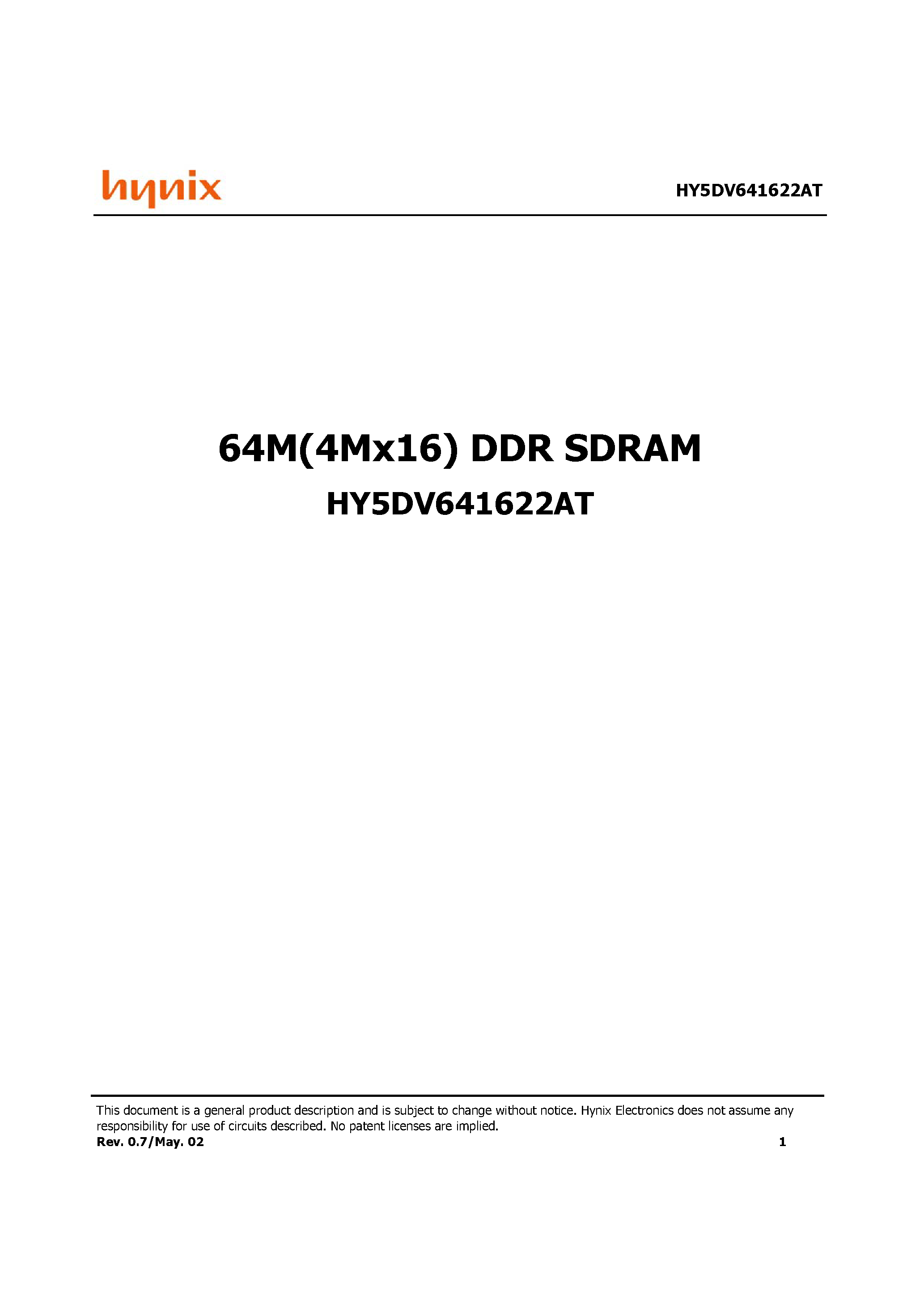 Datasheet HY5DV641622AT-5 - 64M(4Mx16) DDR SDRAM page 1