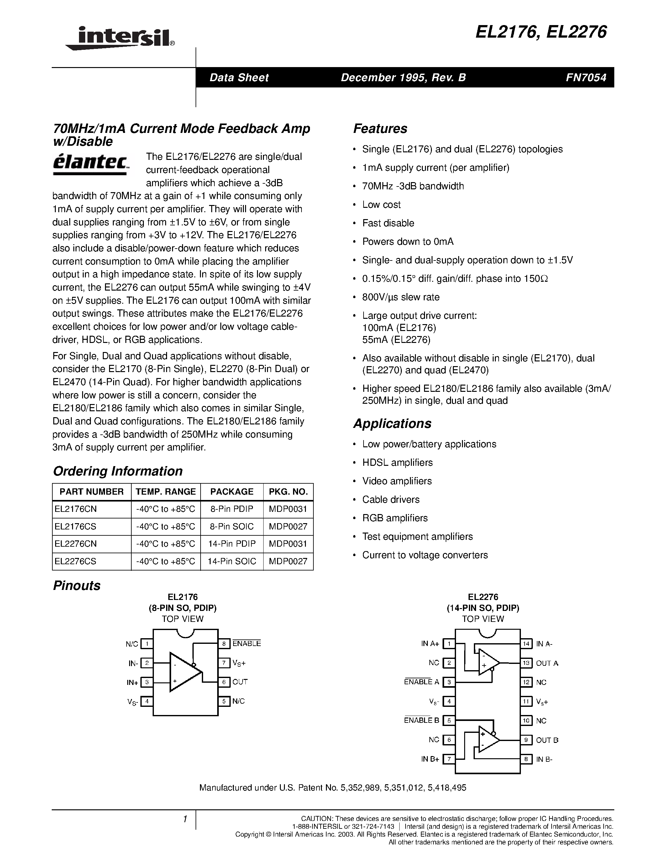 Даташит EL2176 - 70MHz/1mA Current Mode Feedback Amp W/Disable страница 1