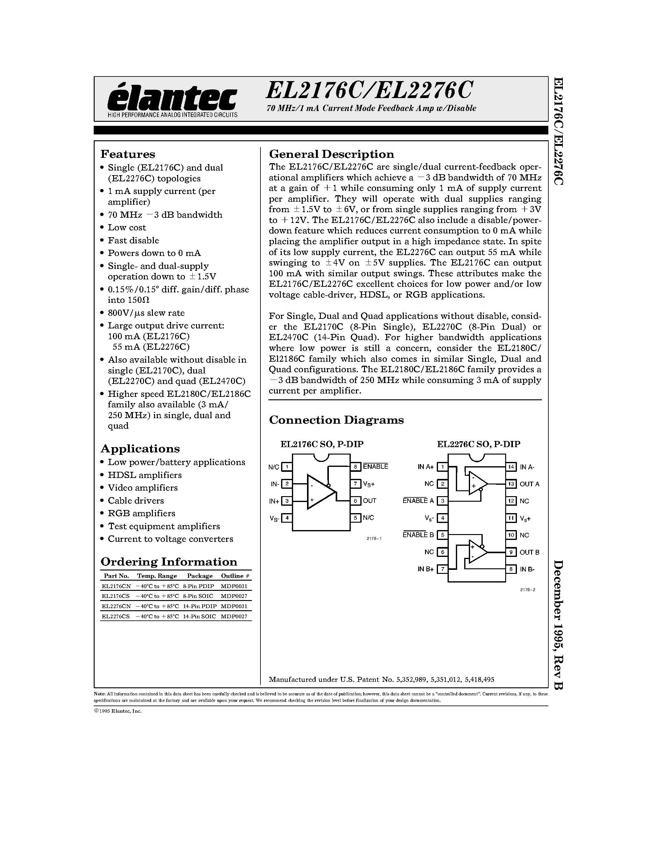 Даташит EL2176C - 70 MHz/1 mA Current Mode Feedback Amp w/Disable страница 1