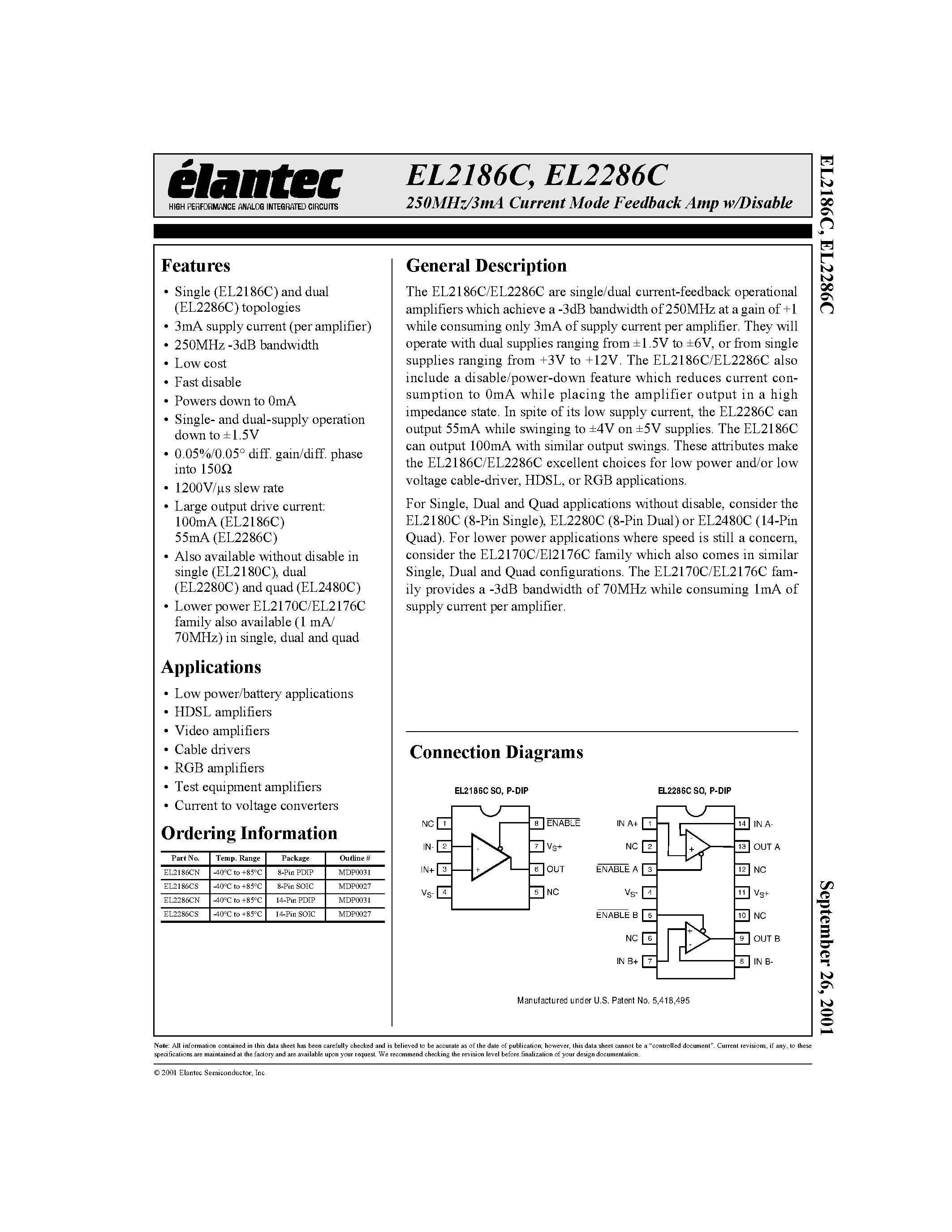 Даташит EL2186C - 250MHz/3mA Current Mode Feedback Amp w/Disable страница 1