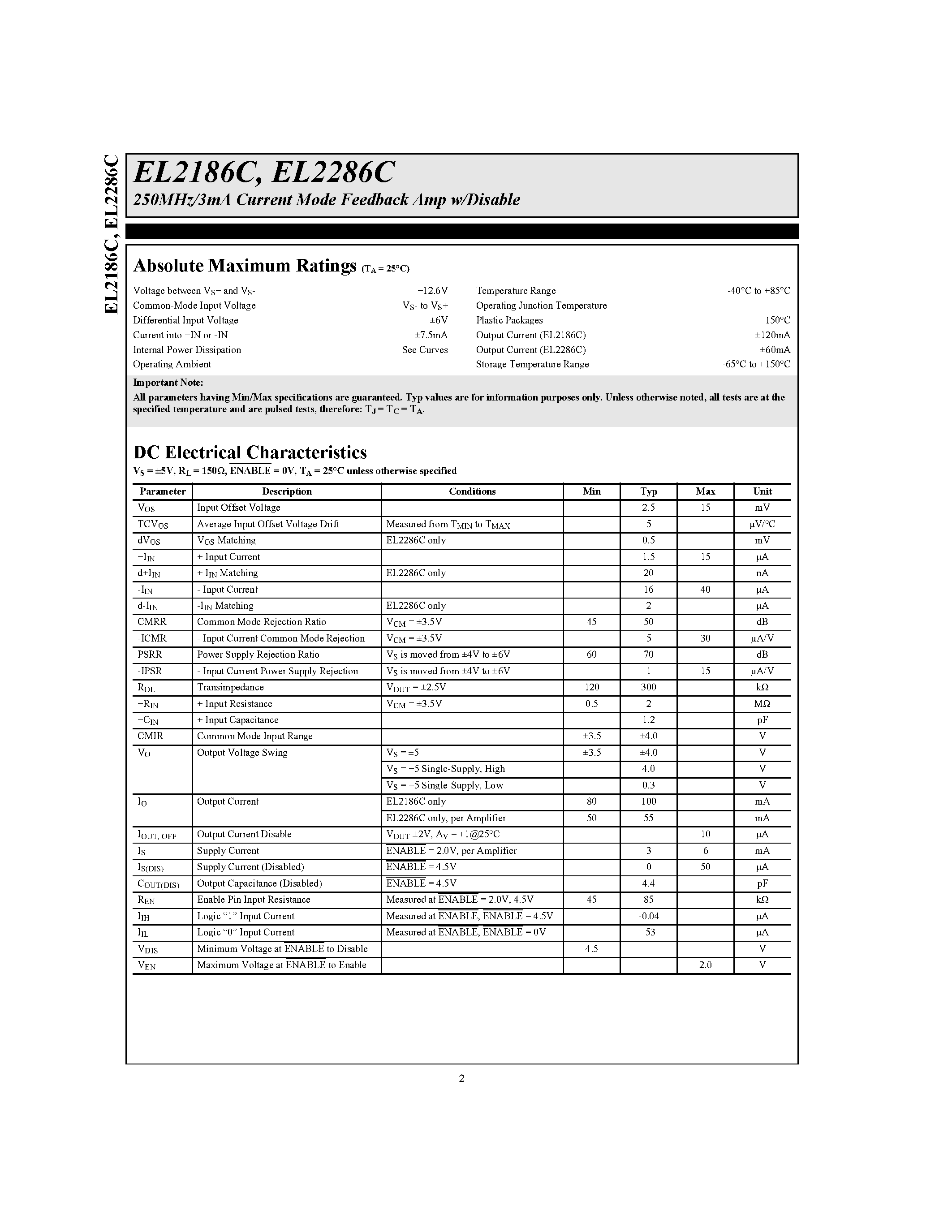 Даташит EL2186C - 250MHz/3mA Current Mode Feedback Amp w/Disable страница 2