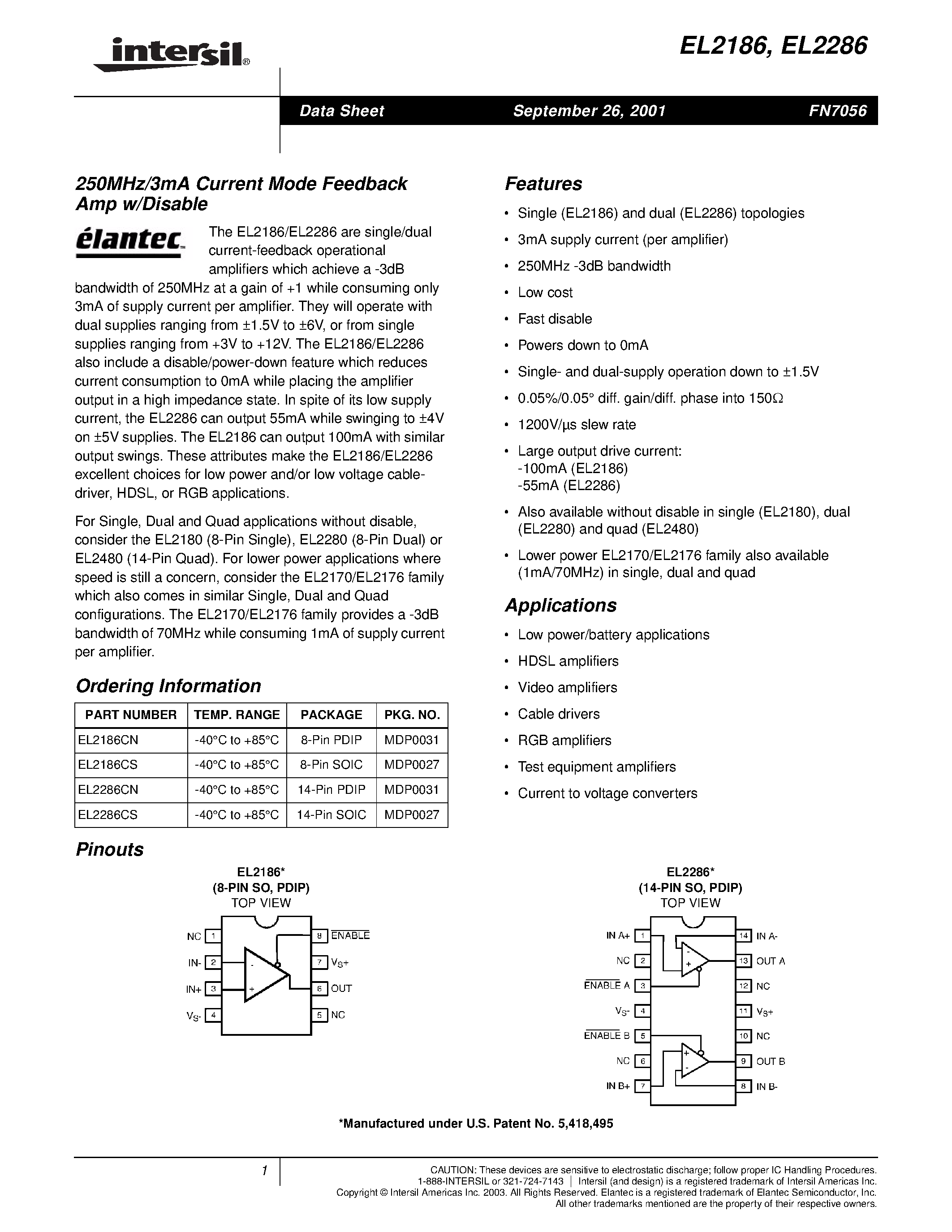 Даташит EL2186CN - 250MHz/3mA Current Mode Feedback Amp w/Disable страница 1