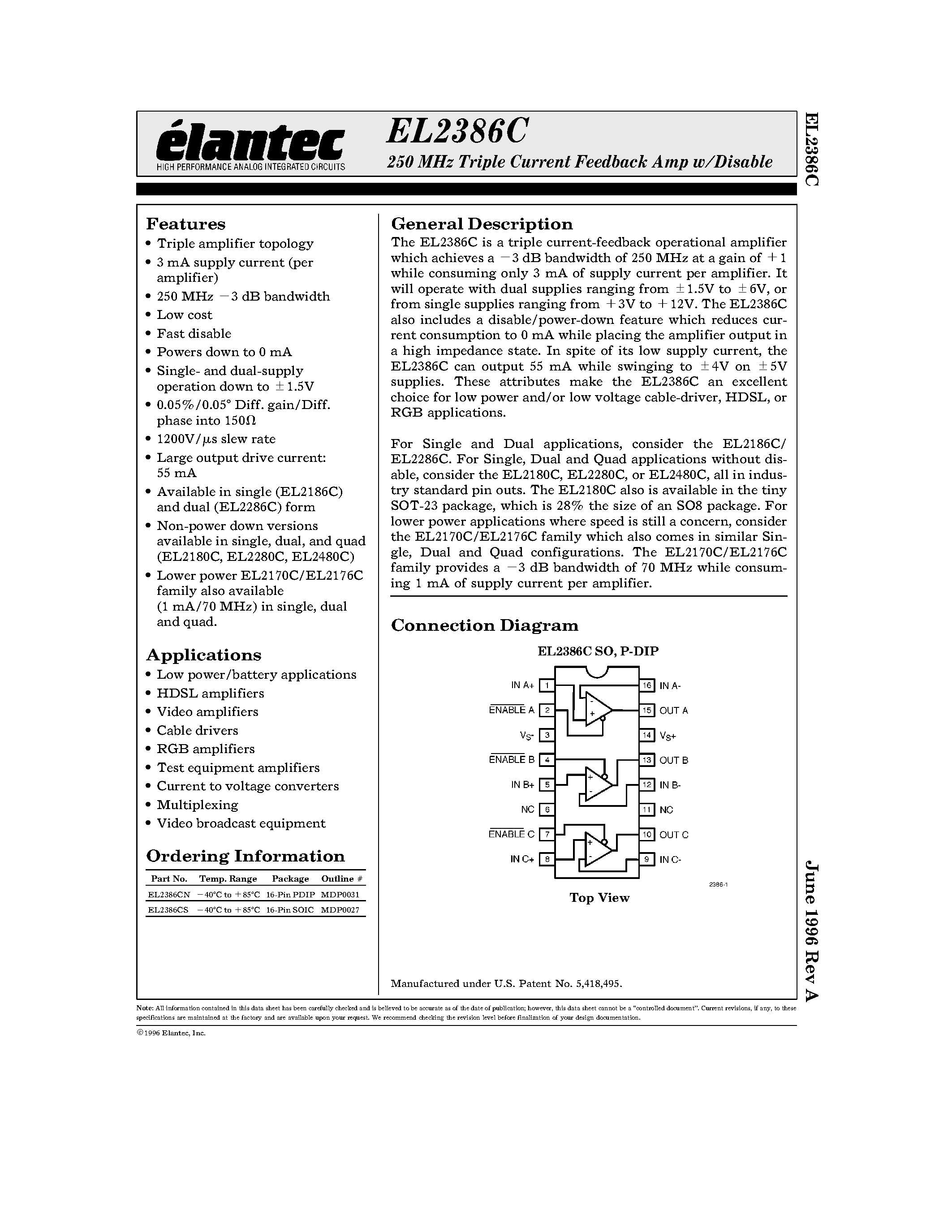 Даташит EL2386 - 250 MHz Triple Current Feedback Amp w/Disable страница 1