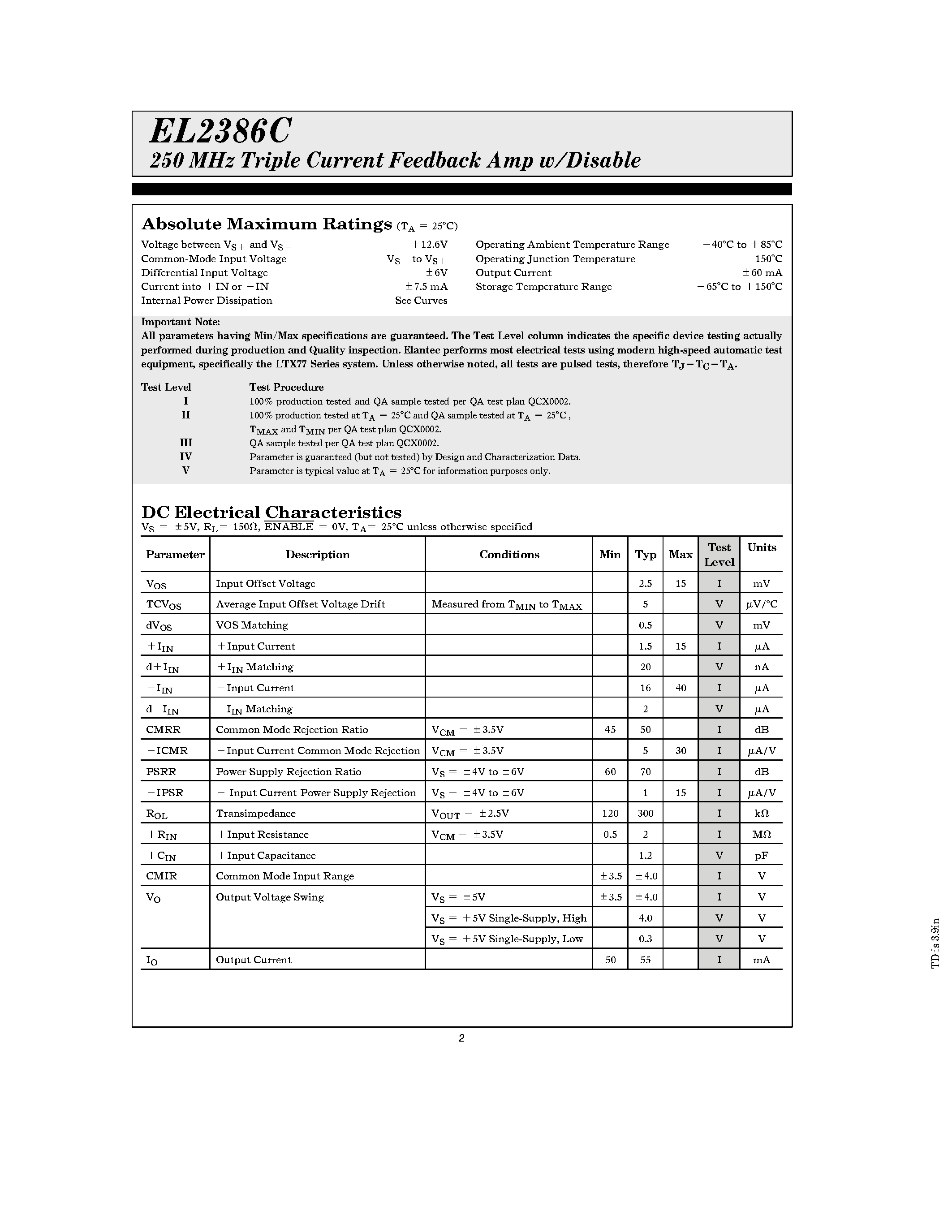Даташит EL2386CN - 250 MHz Triple Current Feedback Amp w/Disable страница 2