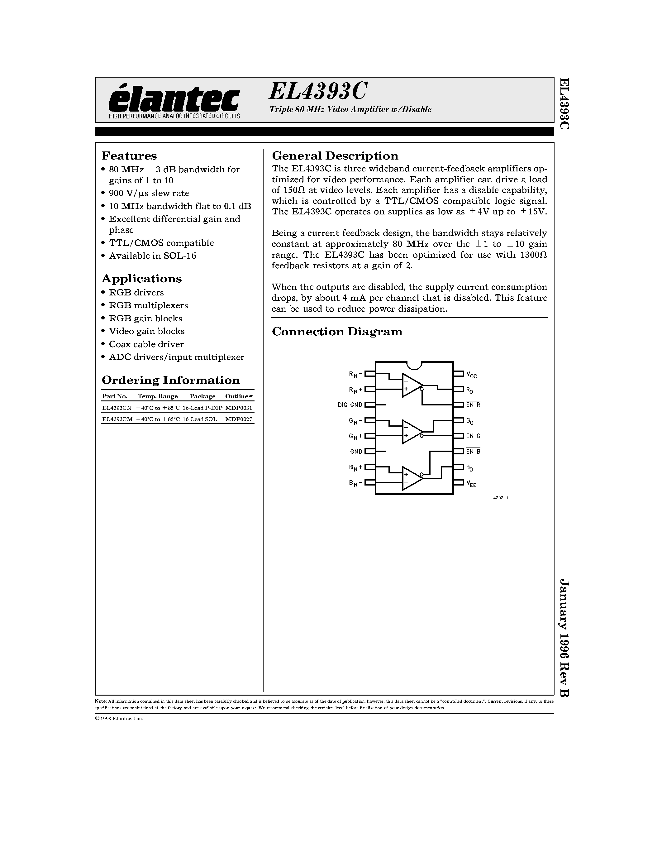 Даташит EL4393 - Triple 80 MHz Video Amplifier w/Disable страница 1