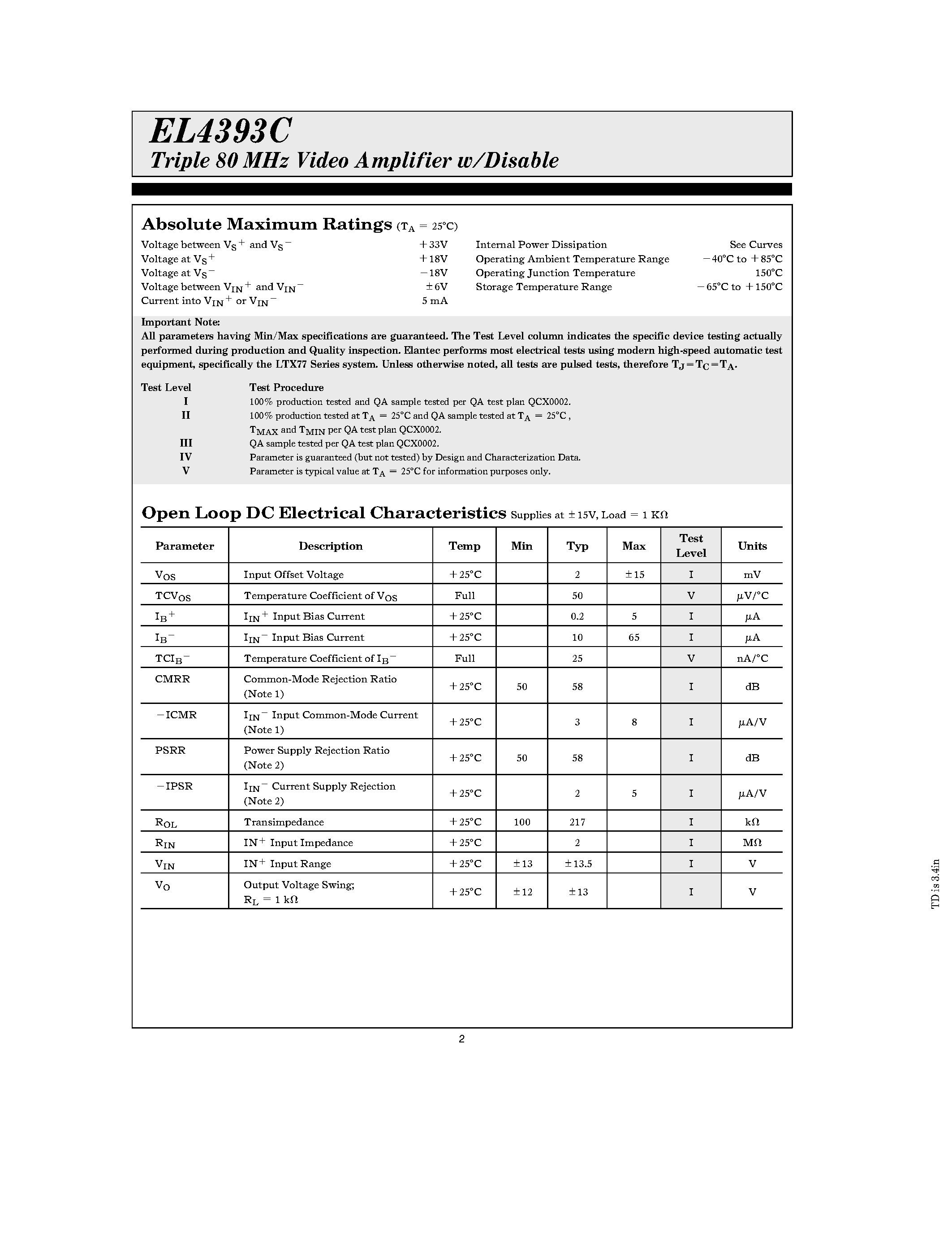 Даташит EL4393C - Triple 80 MHz Video Amplifier w/Disable страница 2