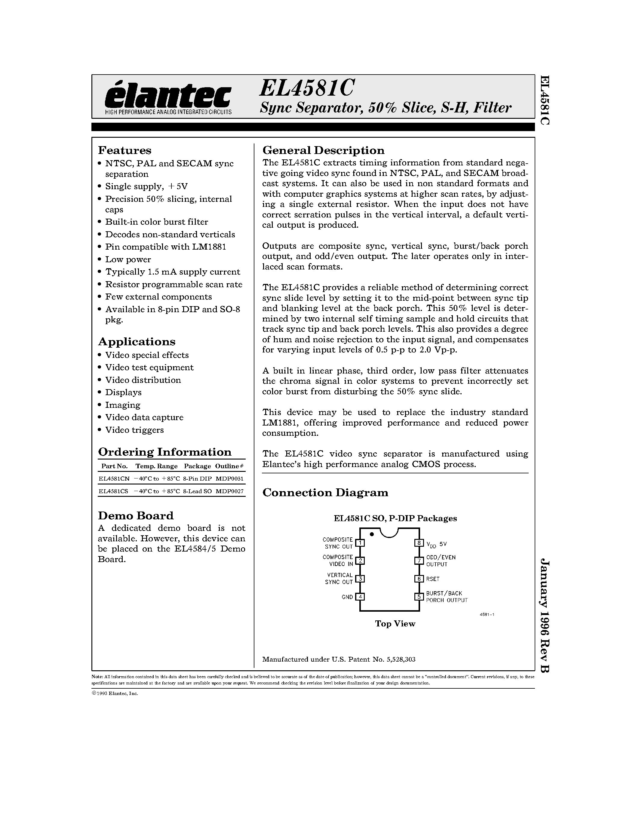 Даташит EL4581C - Sync Separator/ 50% Slice/ S-H/ Filter страница 1