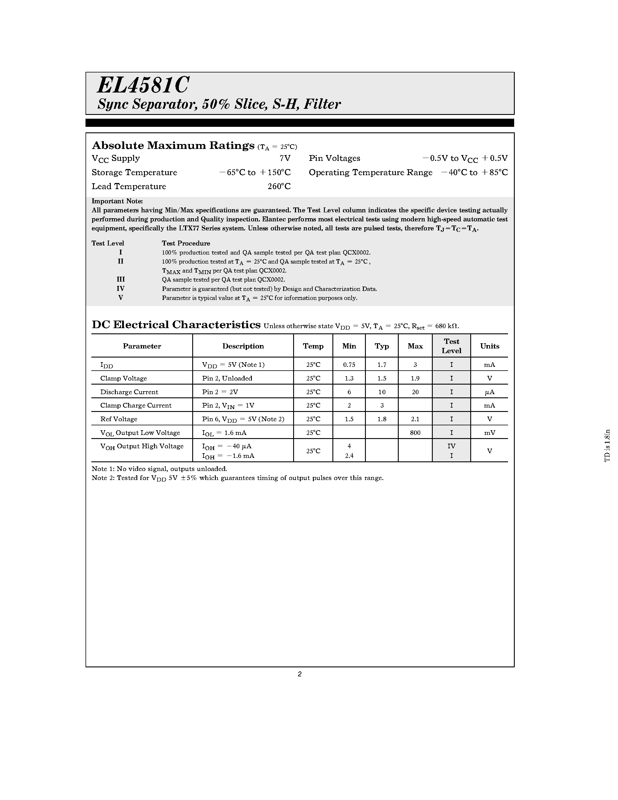 Даташит EL4581C - Sync Separator/ 50% Slice/ S-H/ Filter страница 2