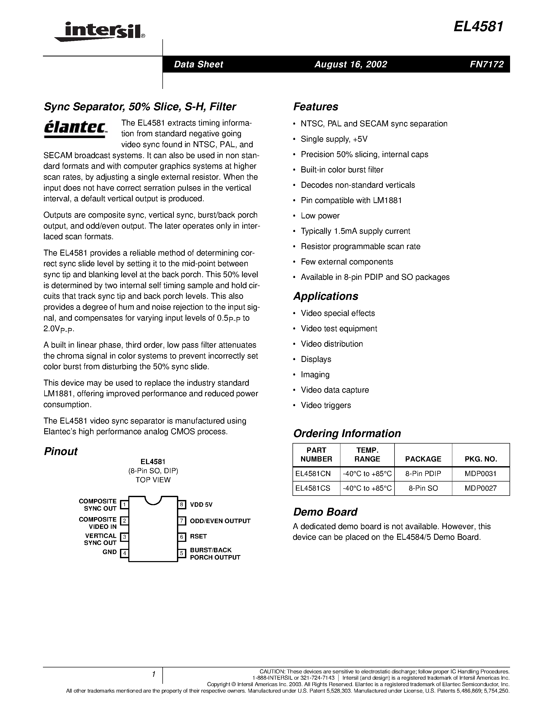 Даташит EL4581CS - Sync Separator/ 50% Slice/ S-H/ Filter страница 1