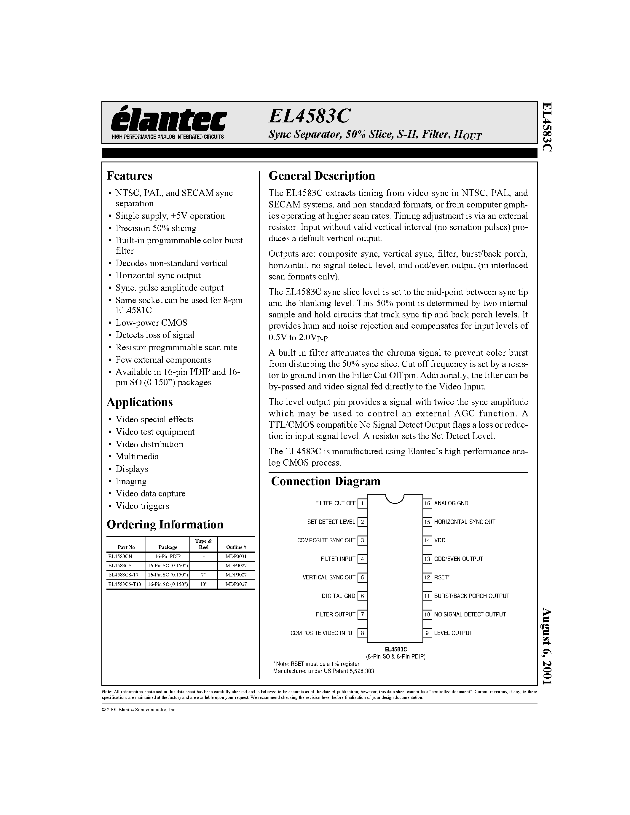 Даташит EL4583 - Sync Separator/ 50% Slice/ S-H/ Filter/ HOUT страница 1