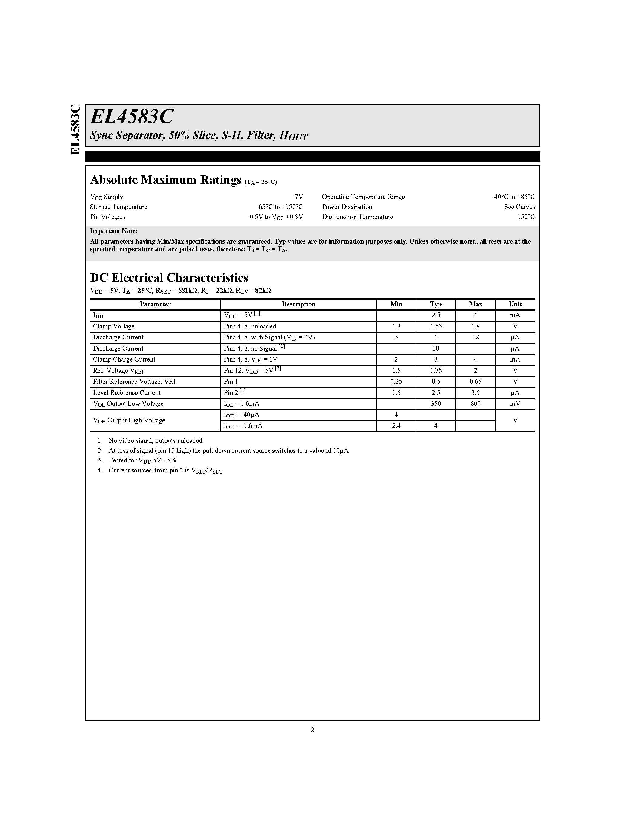 Даташит EL4583C - Sync Separator/ 50% Slice/ S-H/ Filter/ HOUT страница 2