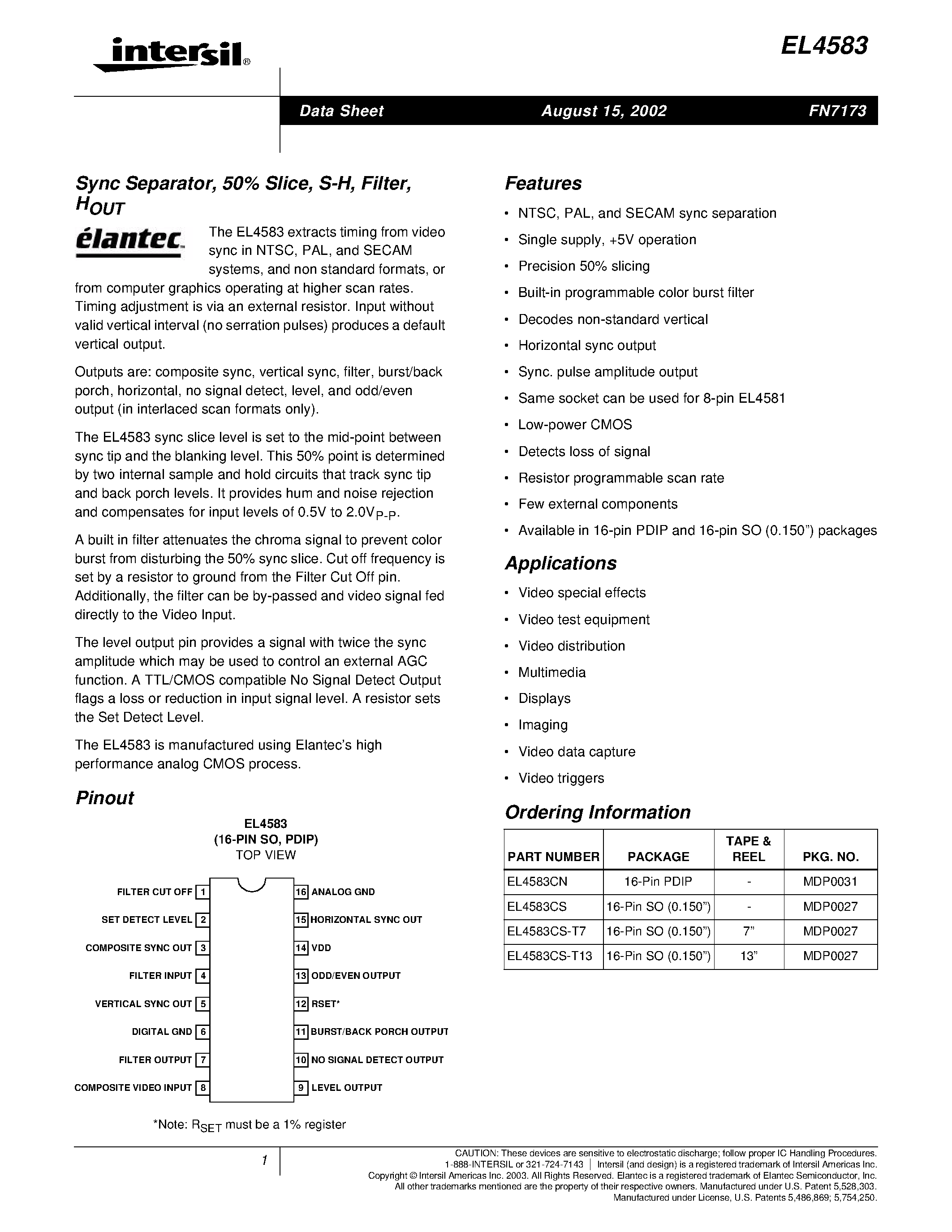 Даташит EL4583CS-T13 - Sync Separator/ 50% Slice/ S-H/ Filter/ Horizontal sync output страница 1