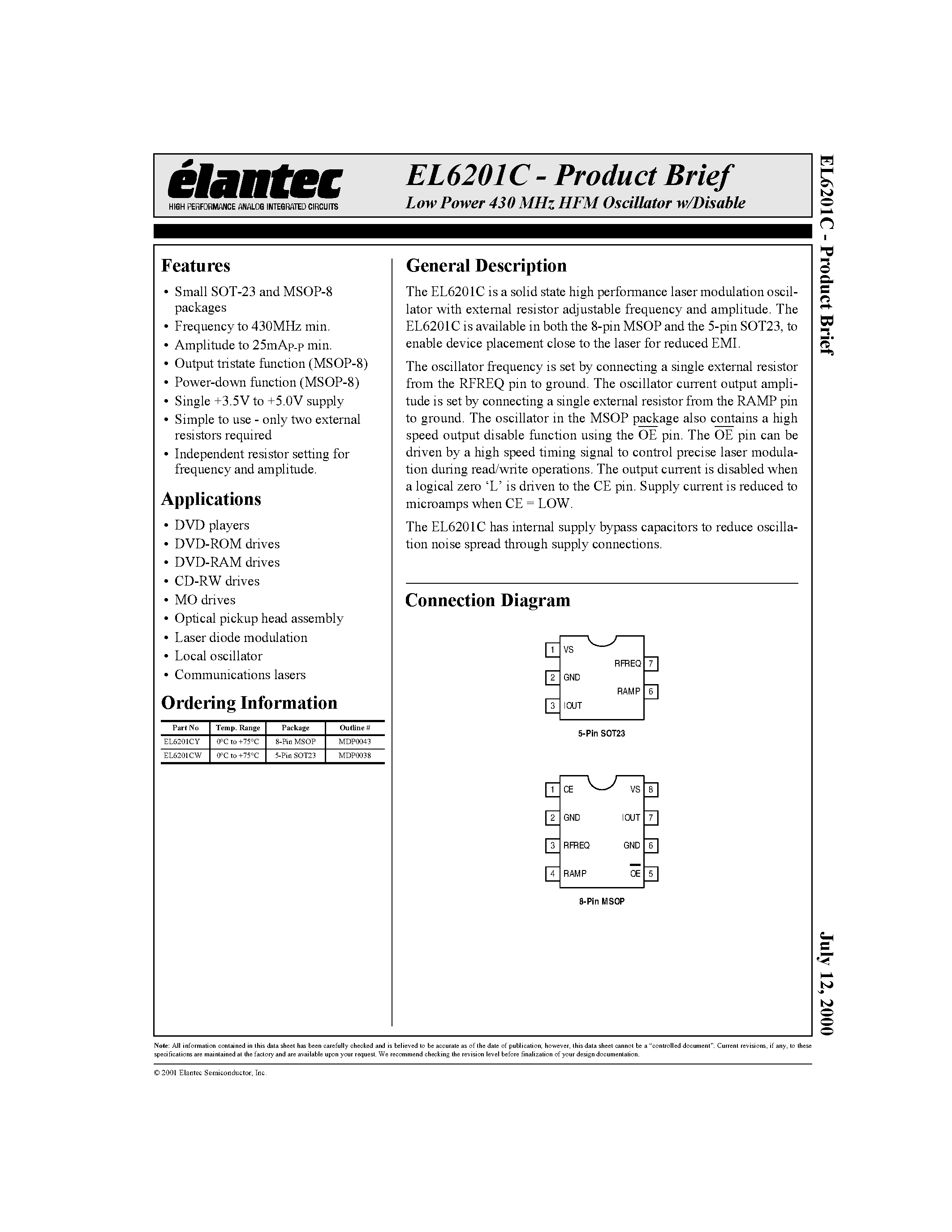 Даташит EL6201CW - Low Power 430 MHz HFM Oscillator w/Disable страница 1