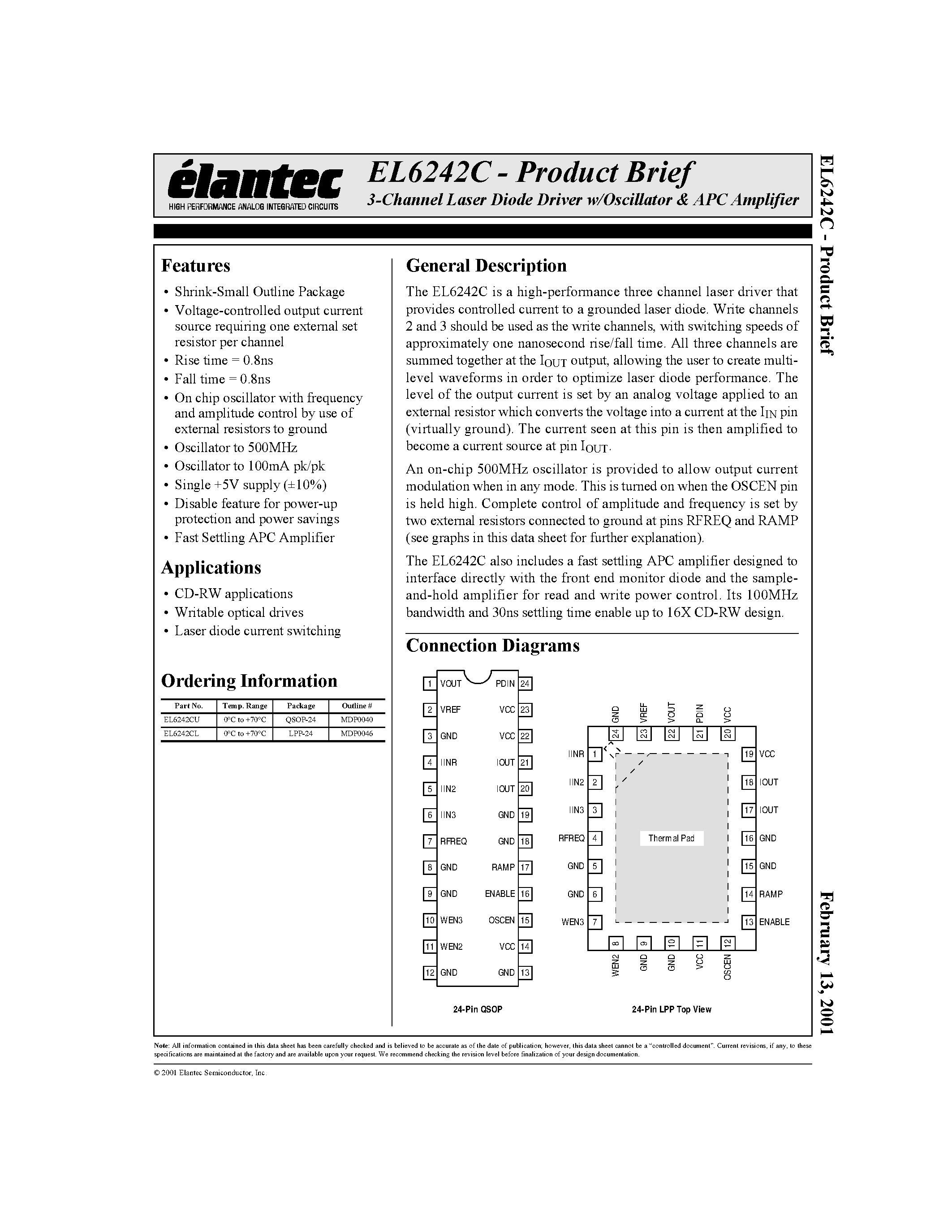 Даташит EL6242C - 3-Channel Laser Diode Driver w/Oscillator & APC Amplifier страница 1