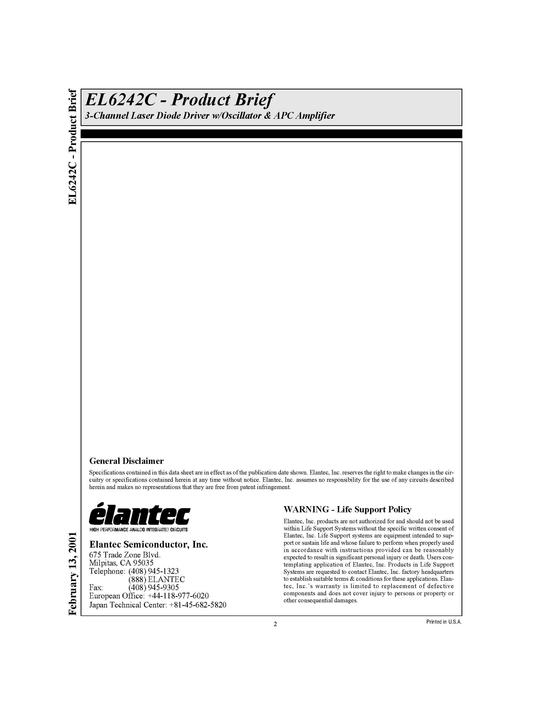 Даташит EL6242C - 3-Channel Laser Diode Driver w/Oscillator & APC Amplifier страница 2