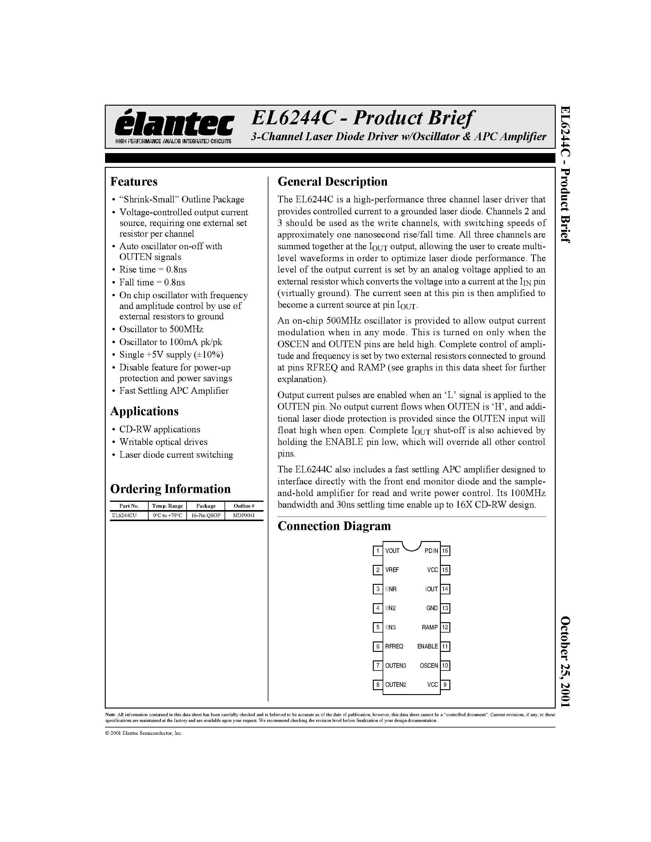 Даташит EL6244C - 3-Channel Laser Diode Driver w/Oscillator & APC Amplifier страница 1