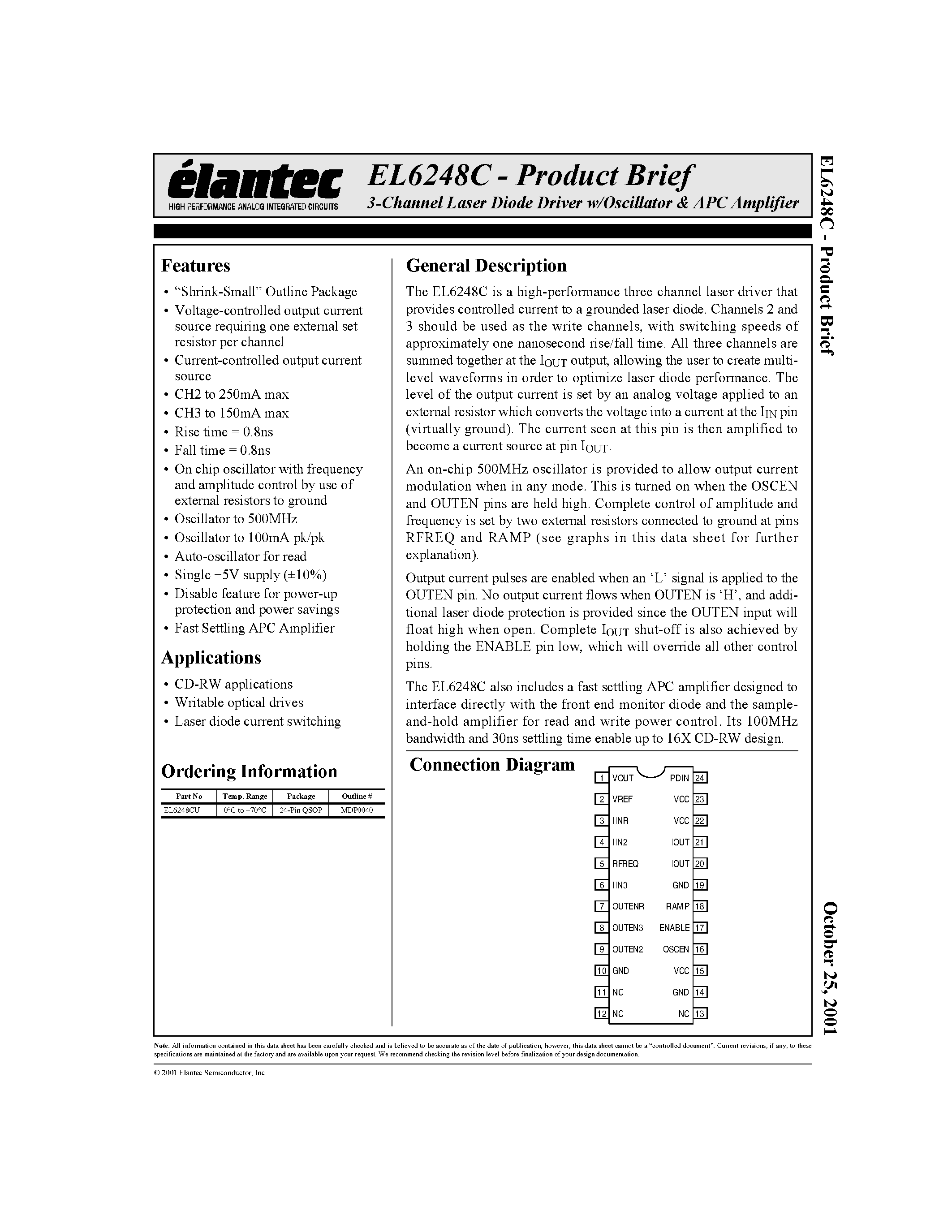 Даташит EL6248C - 3-Channel Laser Diode Driver w/Oscillator & APC Amplifier страница 1