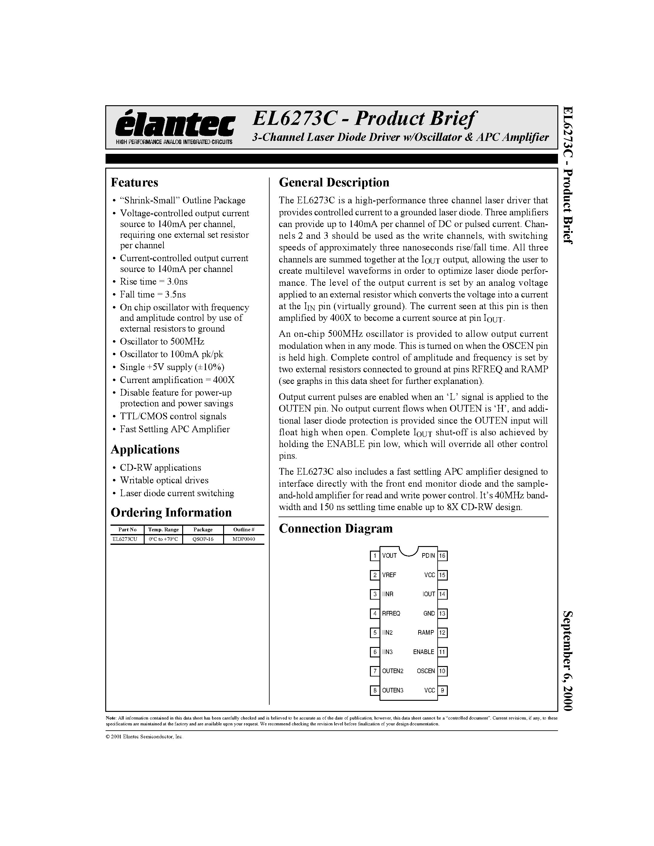 Даташит EL6273C - 3-Channel Laser Diode Driver w/Oscillator & APC Amplifier страница 1