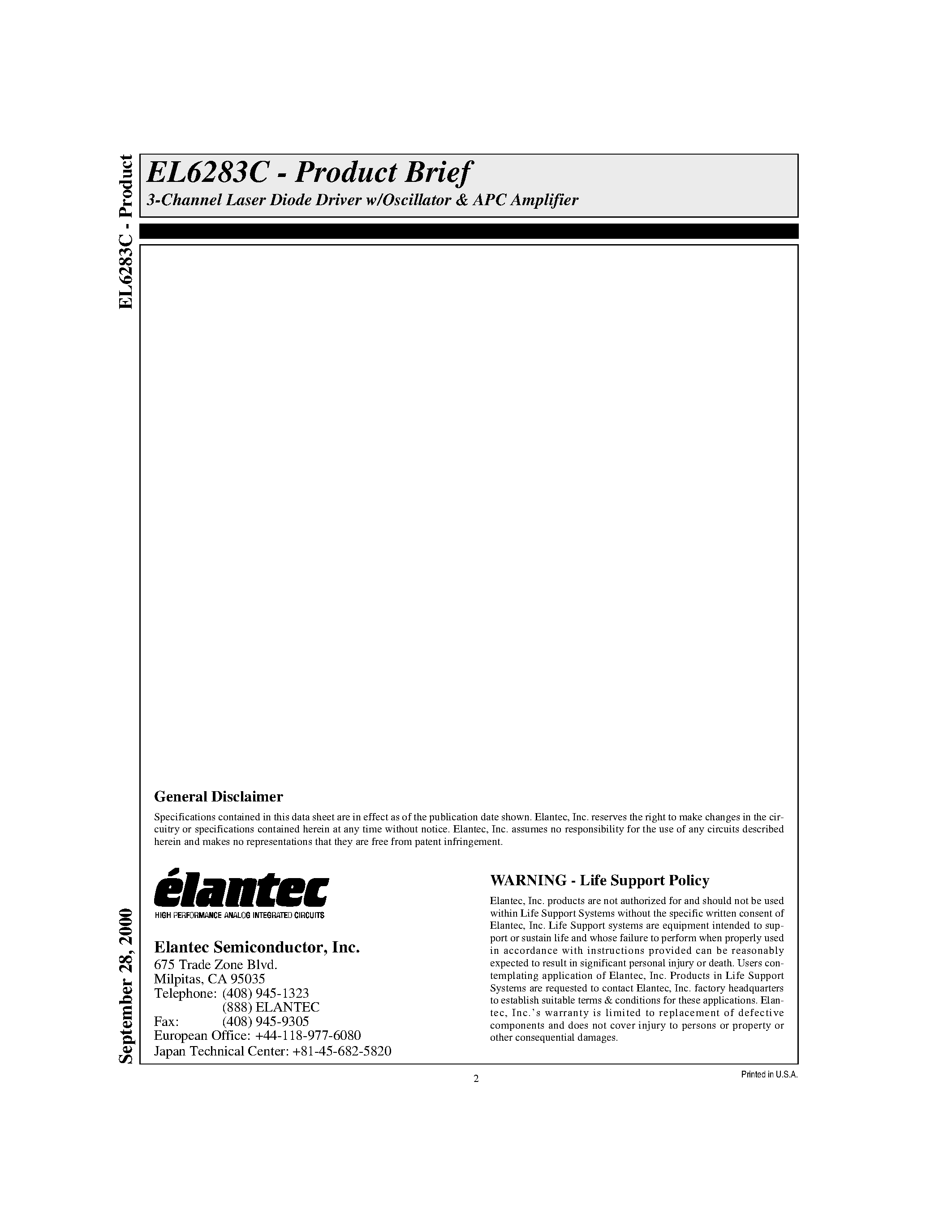 Даташит EL6283C - 3-Channel Laser Diode Driver w/Oscillator & APC Amplifier страница 2