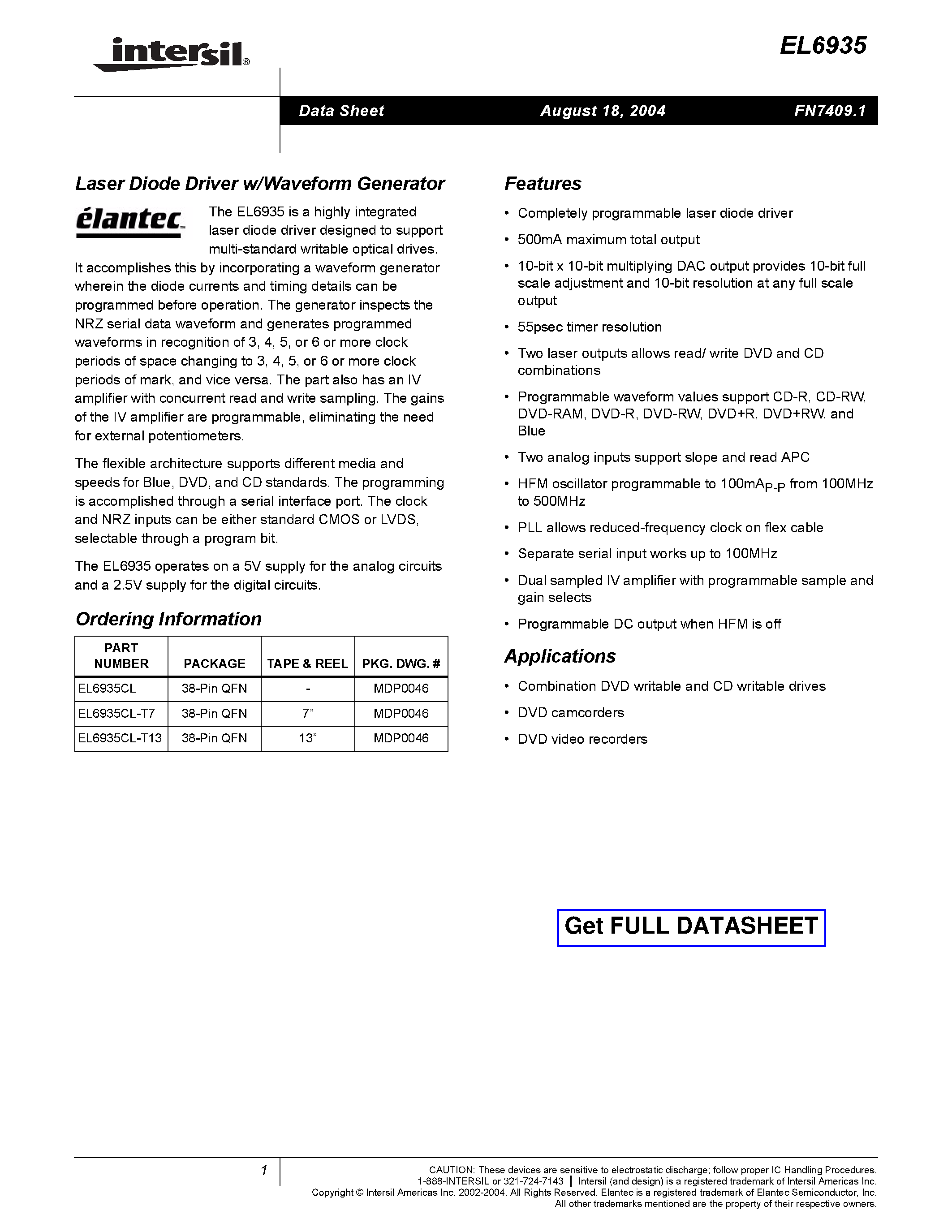 Даташит EL6935CL - Laser Diode Driver w/Waveform Generator страница 1