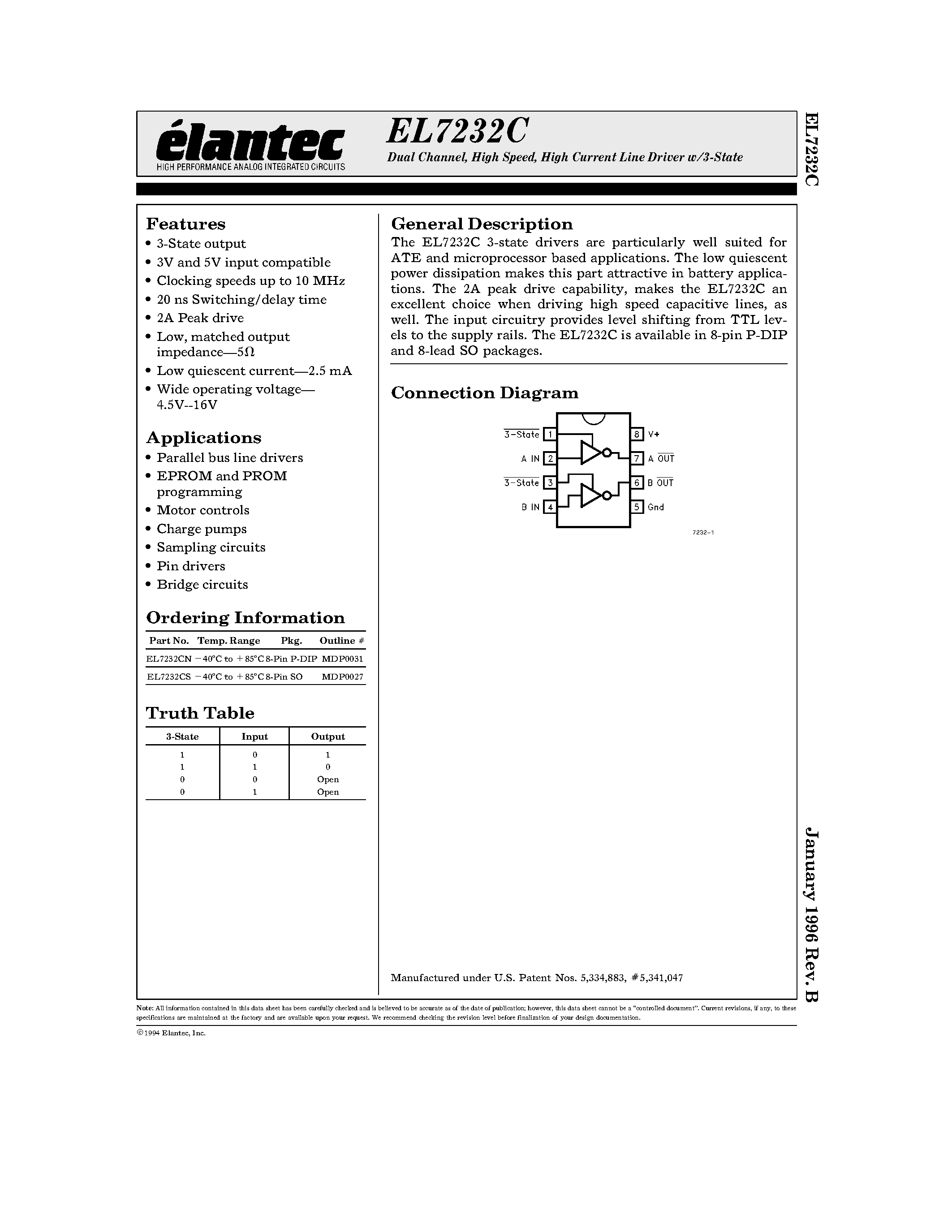 Даташит EL7232C - Dual Channel/ High Speed/ High Current Line Driver w/3-State страница 1