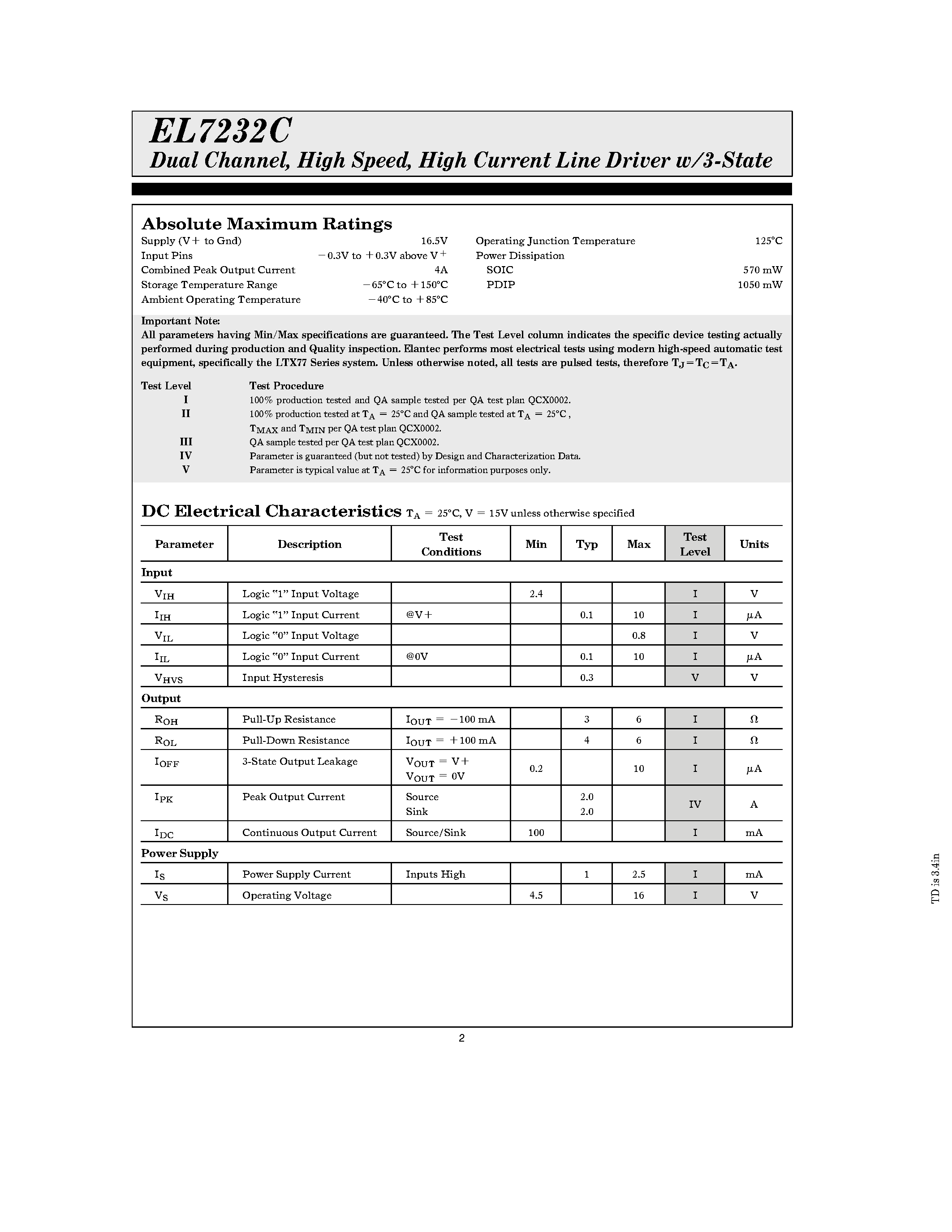 Даташит EL7232C - Dual Channel/ High Speed/ High Current Line Driver w/3-State страница 2