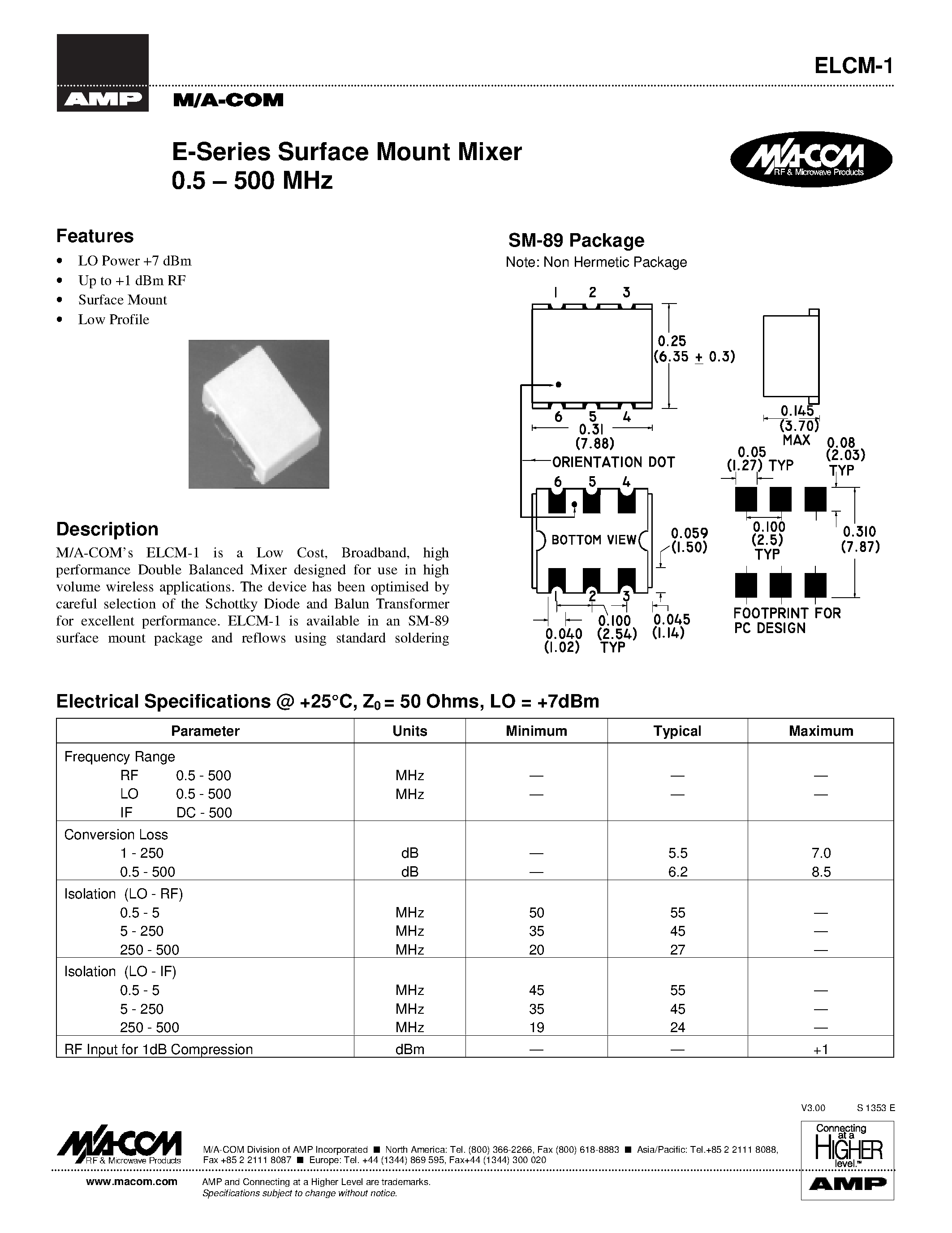 Datasheet ELCM-1 - E-Series Surface Mount Mixer 0.5 - 500 MHz page 1