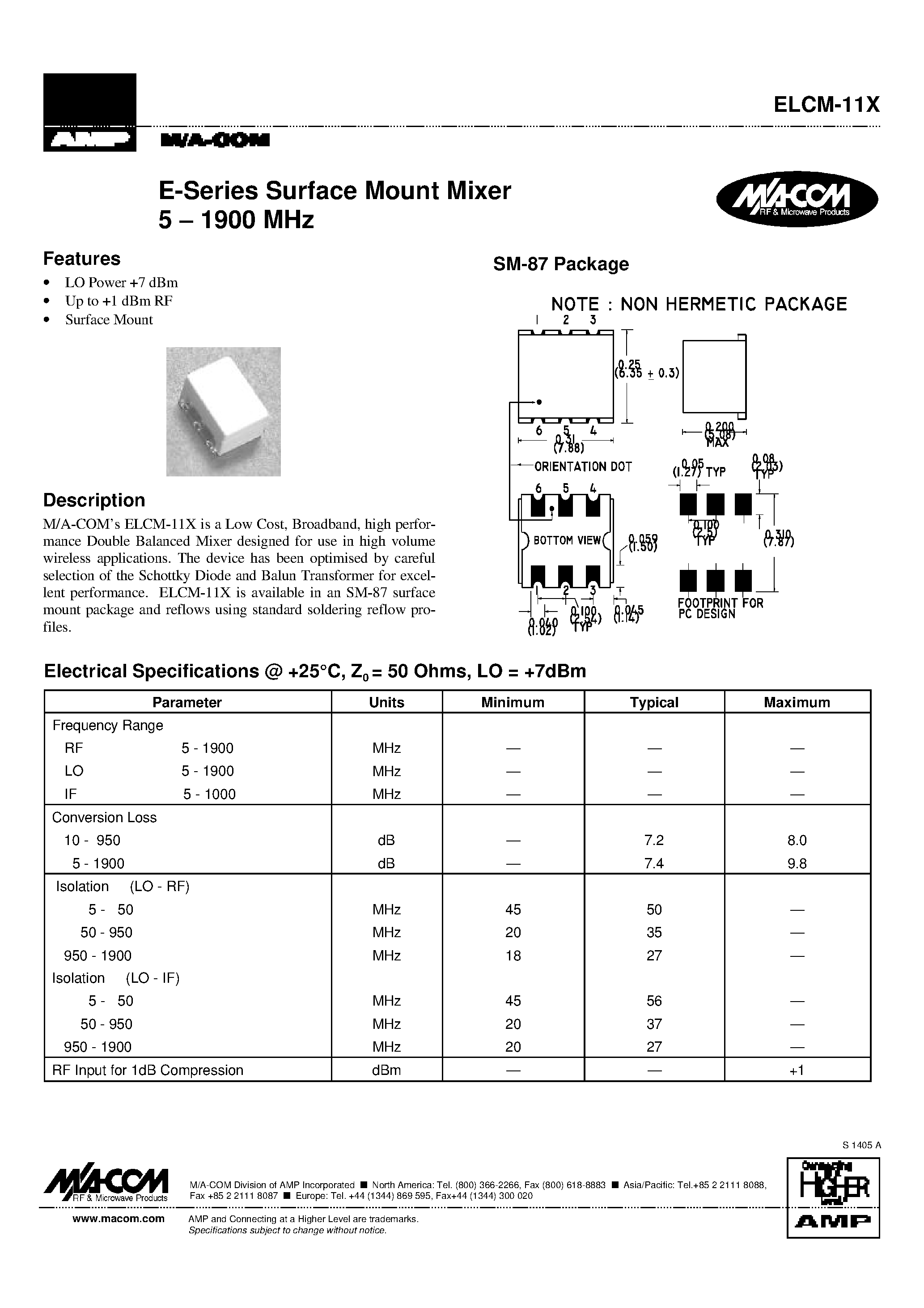 Datasheet ELCM-11X - E-Series Surface Mount Mixer 5-1900 MHz page 1