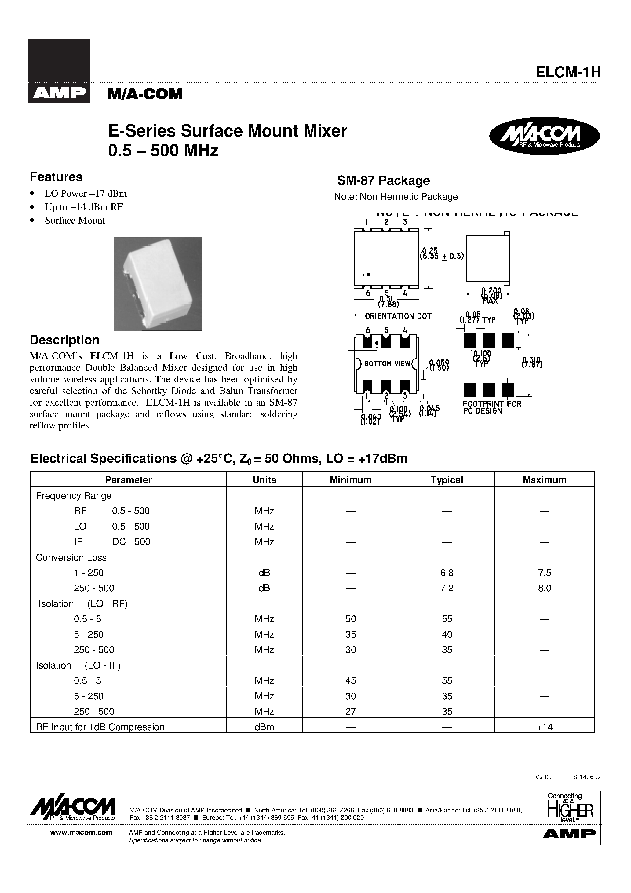 Datasheet ELCM-1H - E-Series Surface Mount Mixer 0.5 - 500 MHz page 1