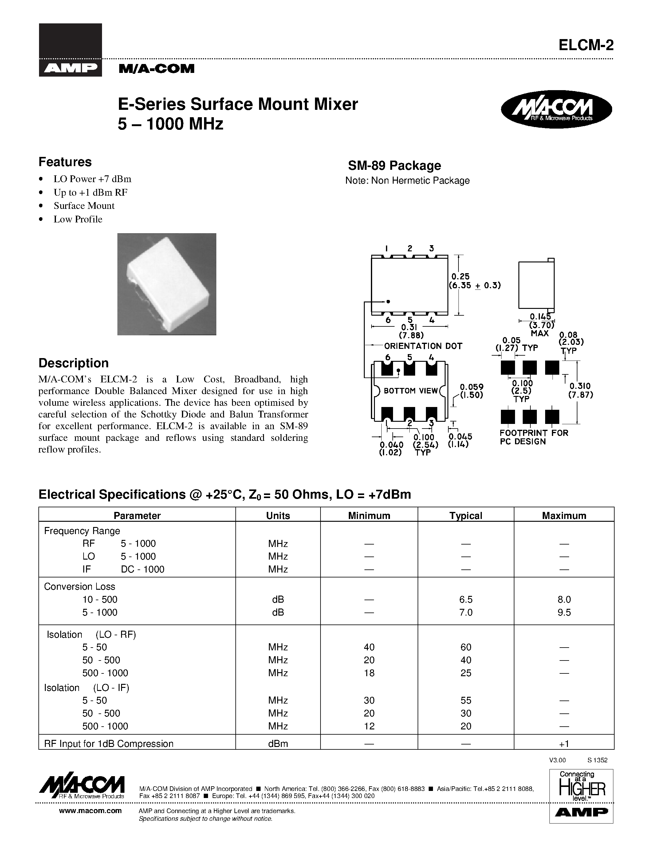 Datasheet ELCM-2 - E-Series Surface Mount Mixer 5 - 1000 MHz page 1