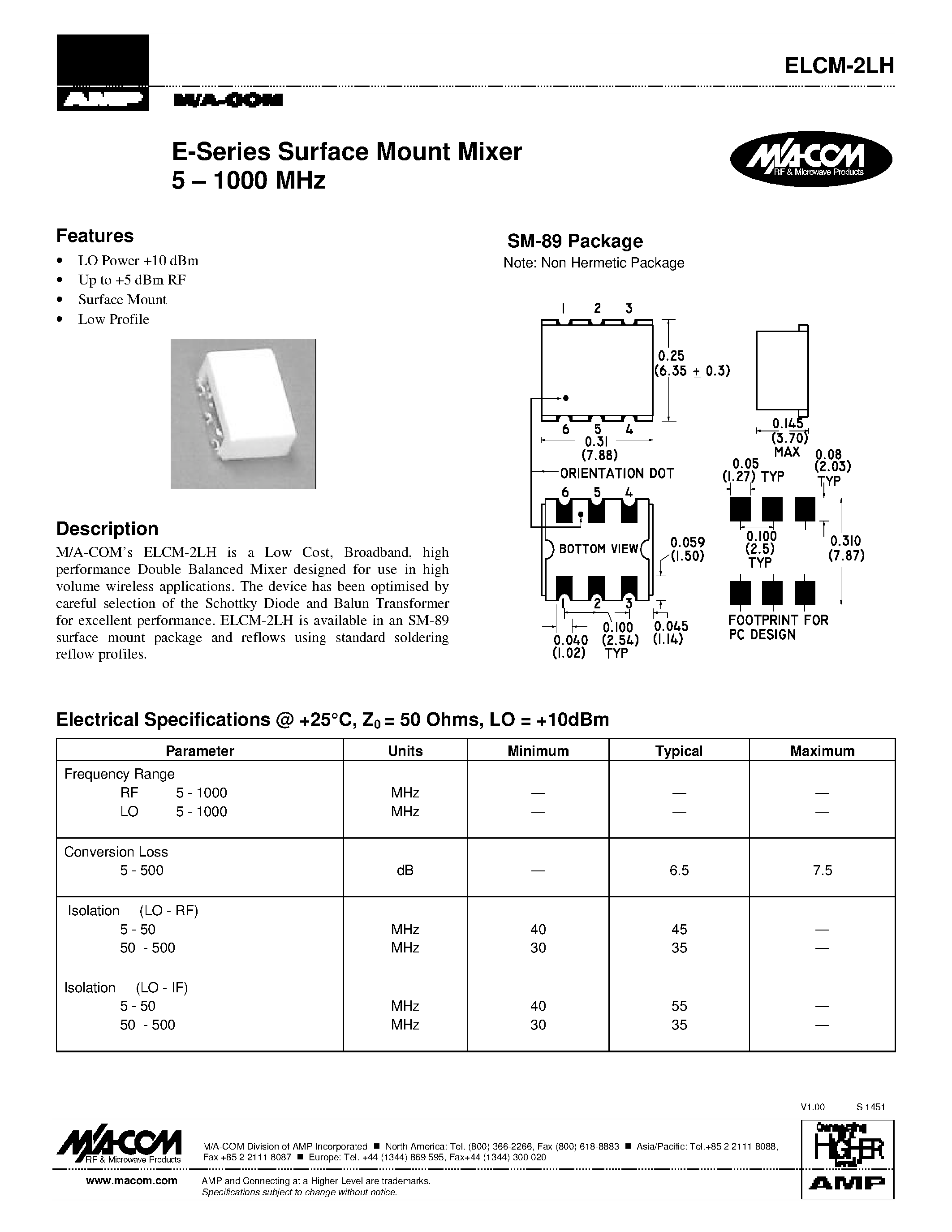 Datasheet ELCM-2LH - E-Series Surface Mount Mixer 5 - 1000 MHz page 1