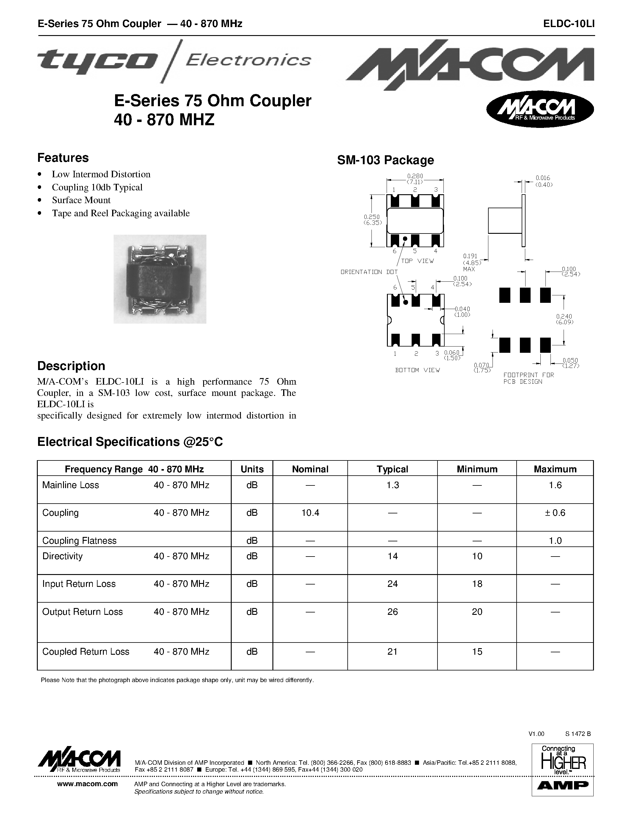 Datasheet ELDC-10LI - E-Series 75 Ohm Coupler 40 - 870 MHZ page 1