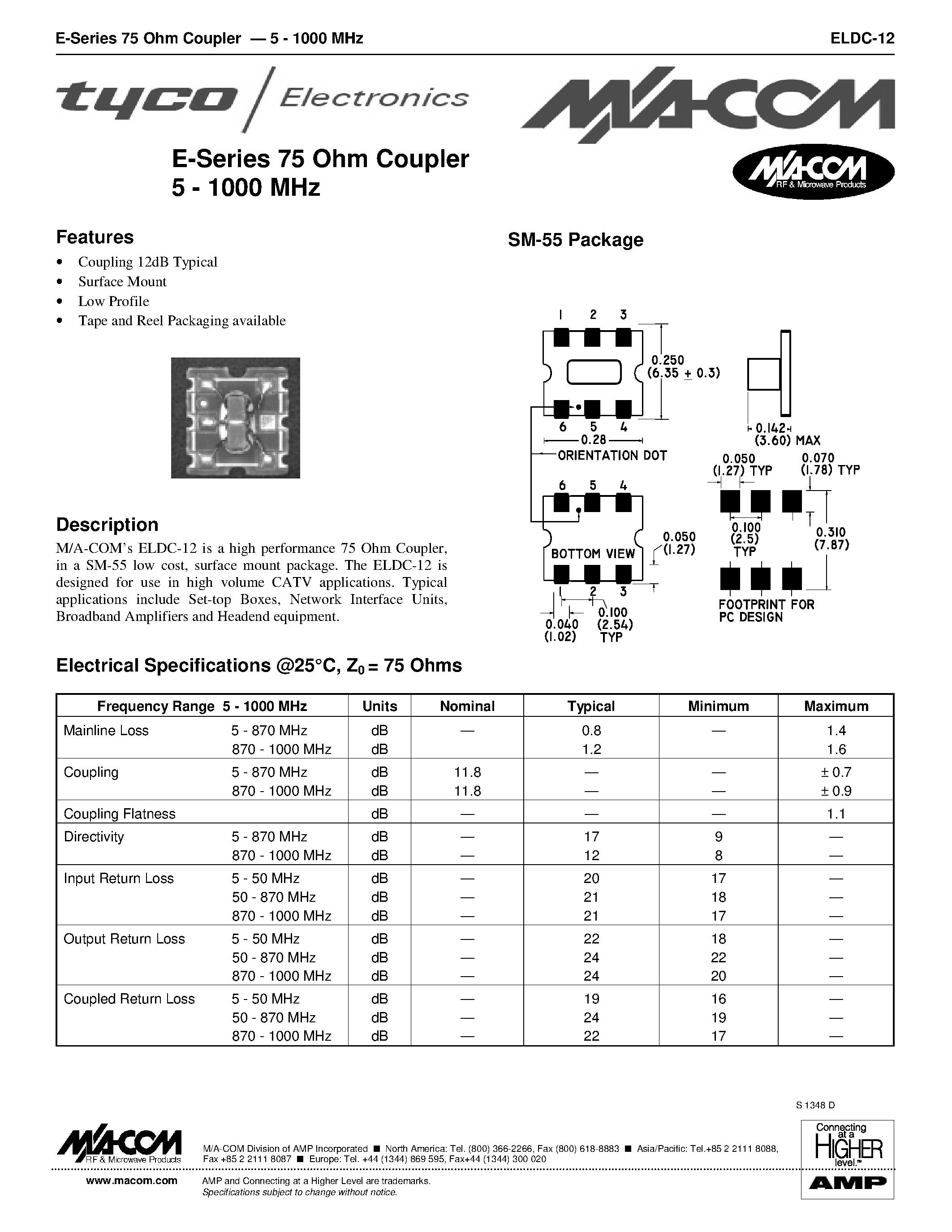 Datasheet ELDC-12 - E-Series 75 Ohm Coupler 5 - 1000 MHz page 1