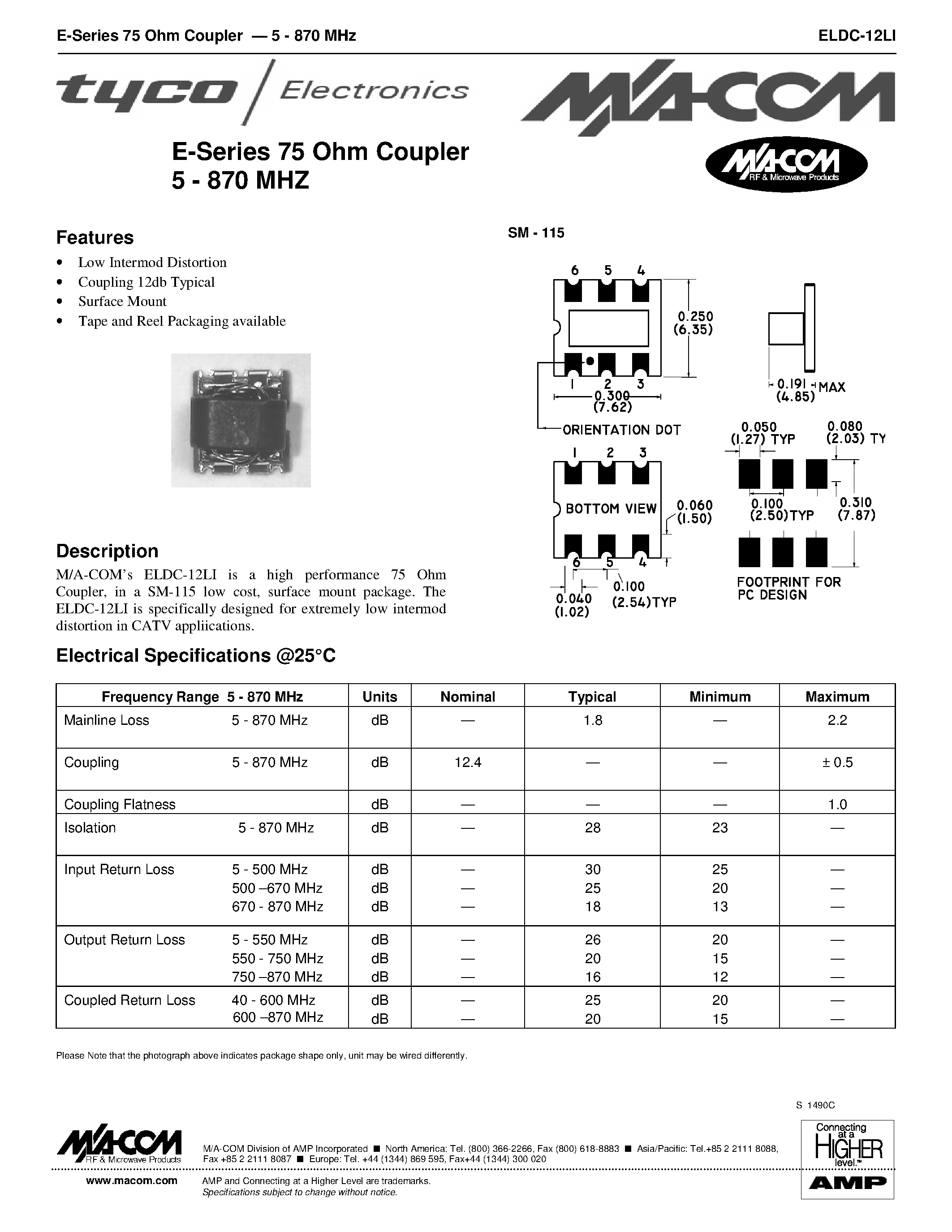 Datasheet ELDC-12LI - E-Series 75 Ohm Coupler 5 - 870 MHZ page 1