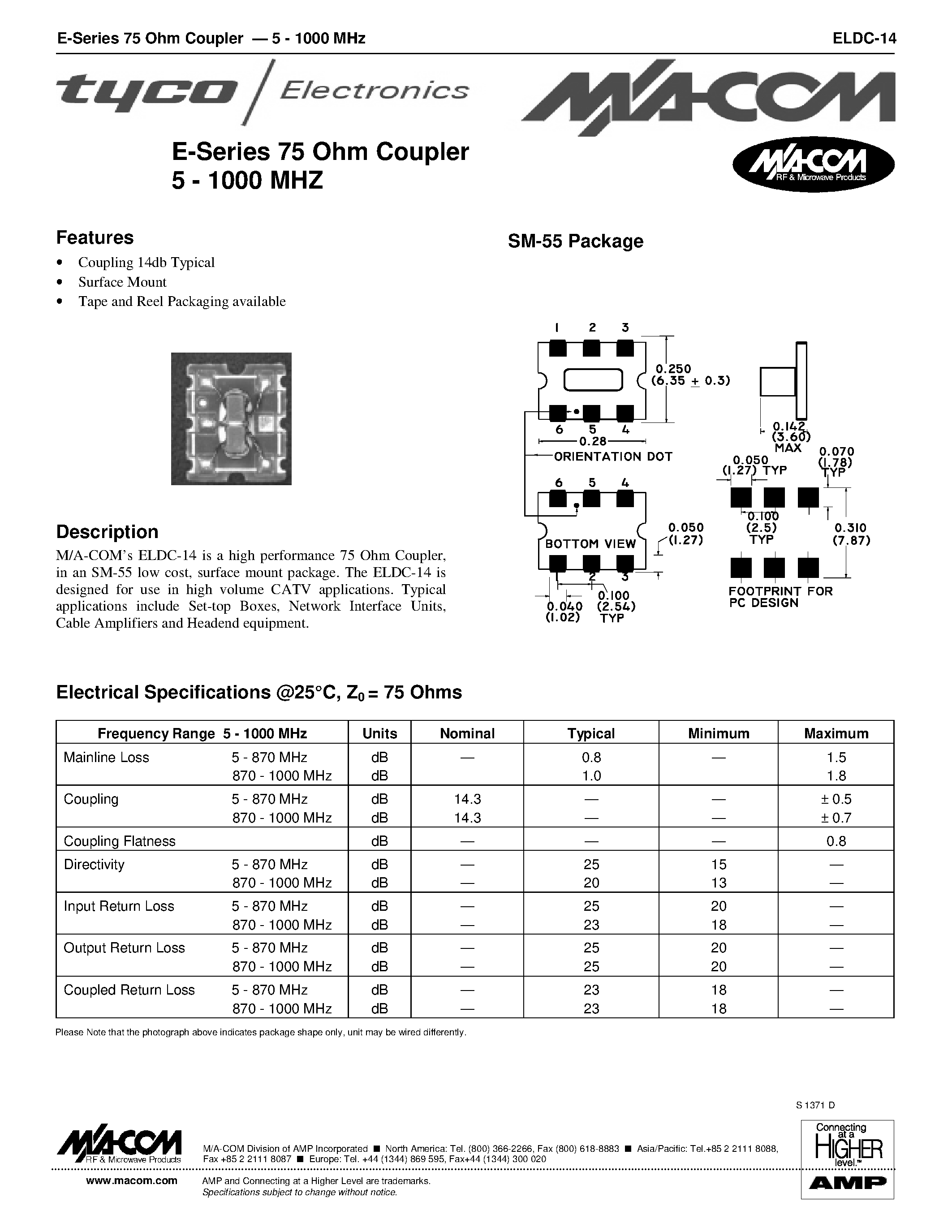 Datasheet ELDC-14 - E-Series 75 Ohm Coupler 5 - 1000 MHZ page 1