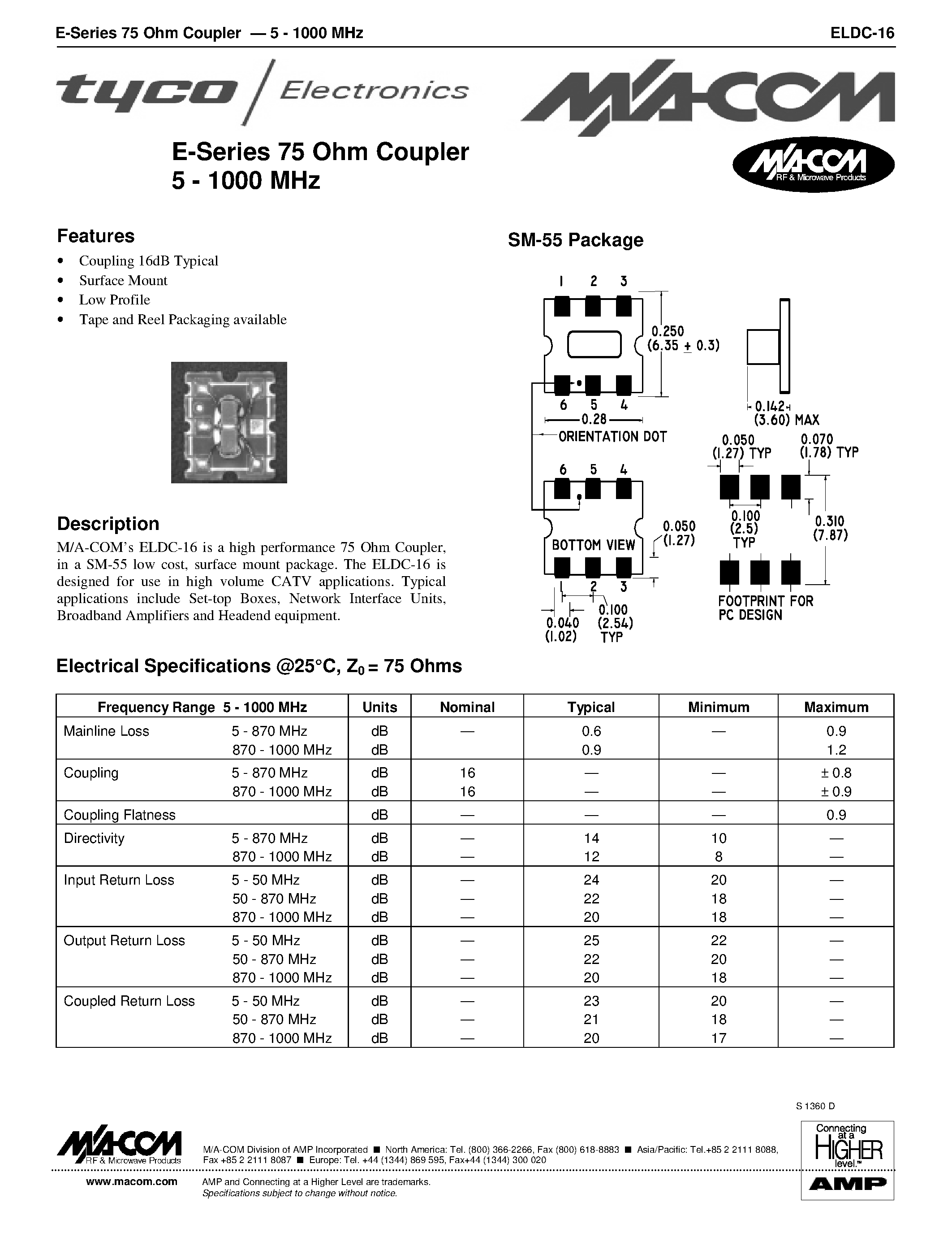 Datasheet ELDC-16 - E-Series 75 Ohm Coupler 5 - 1000 MHz page 1