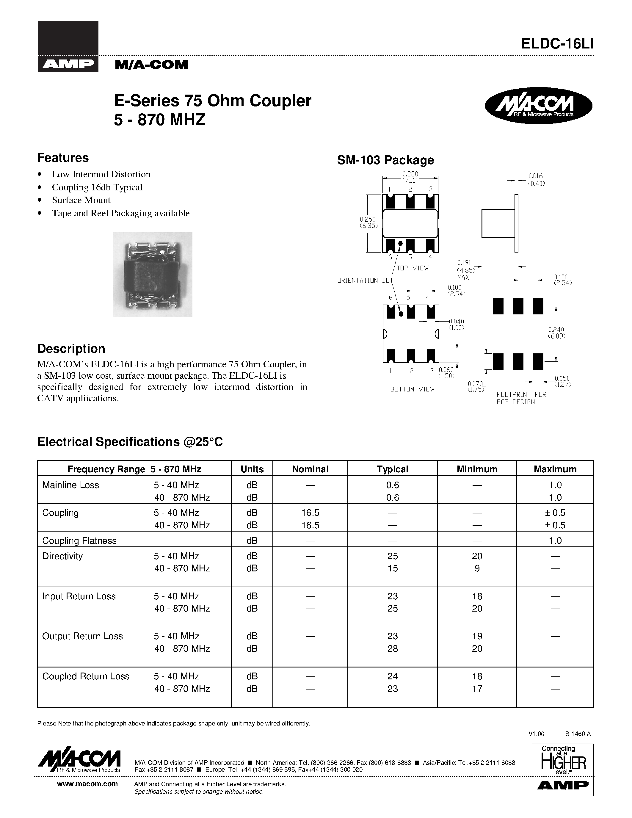 Datasheet ELDC-16LI - E-Series 75 Ohm Coupler 5 - 870 MHZ page 1