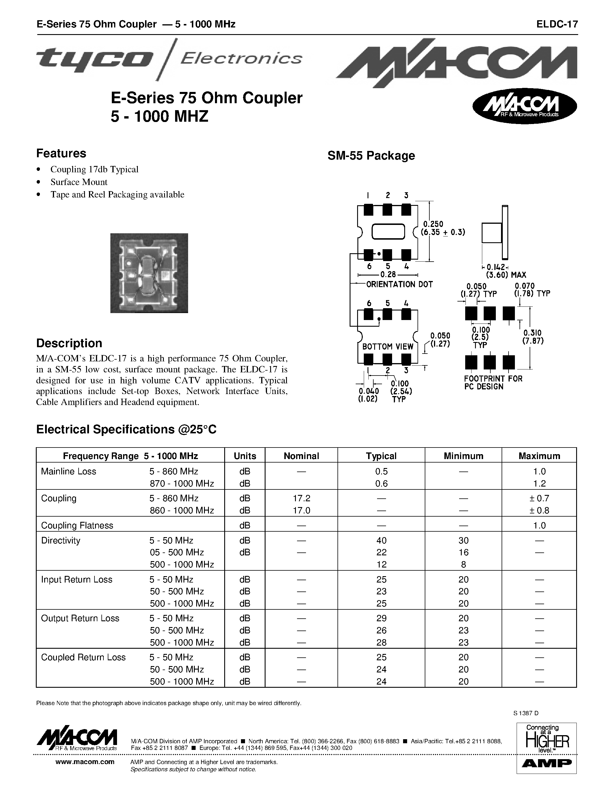 Datasheet ELDC-17 - E-Series 75 Ohm Coupler 5 - 1000 MHZ page 1