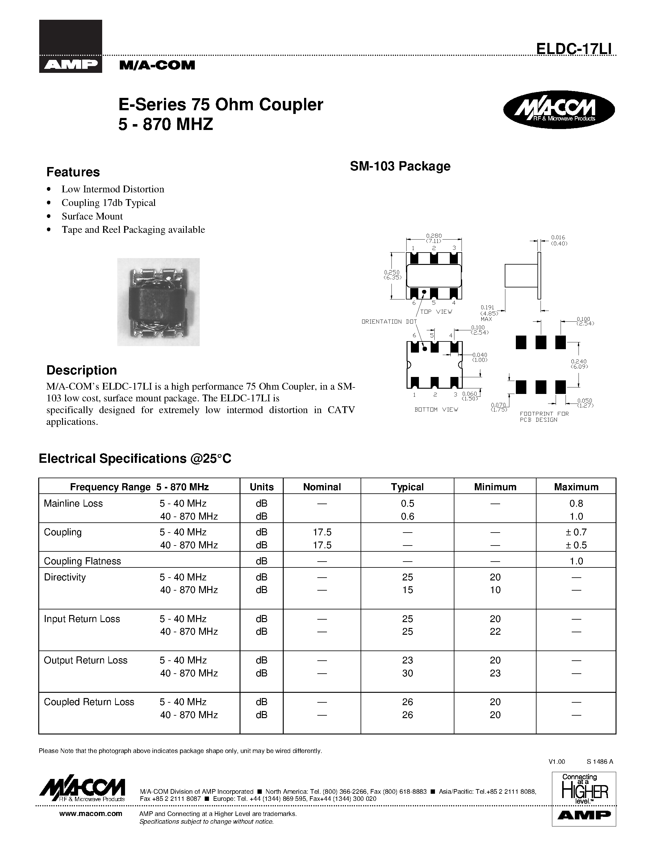 Datasheet ELDC-17LI - E-Series 75 Ohm Coupler 5 - 870 MHZ page 1