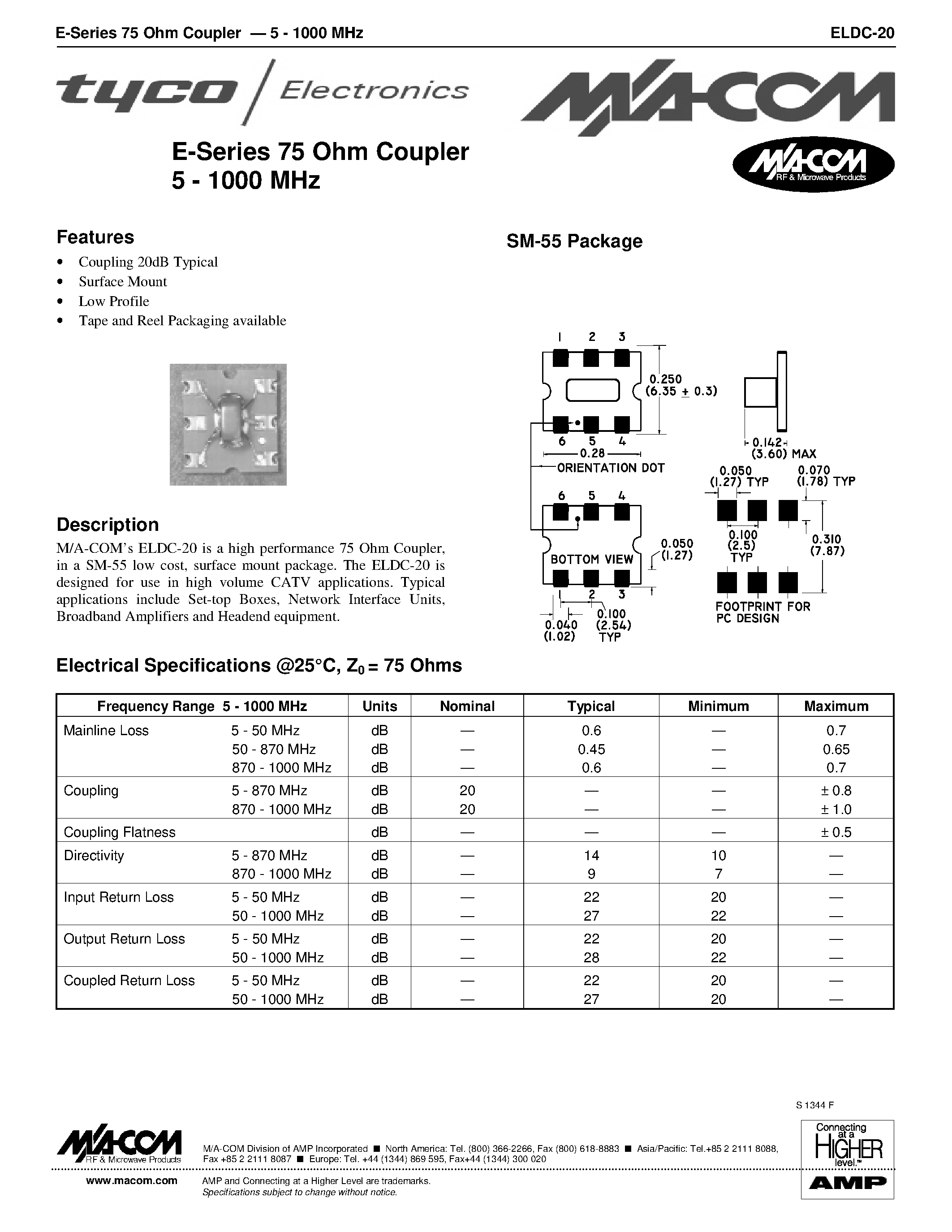 Datasheet ELDC-20 - E-Series 75 Ohm Coupler 5 - 1000 MHz page 1