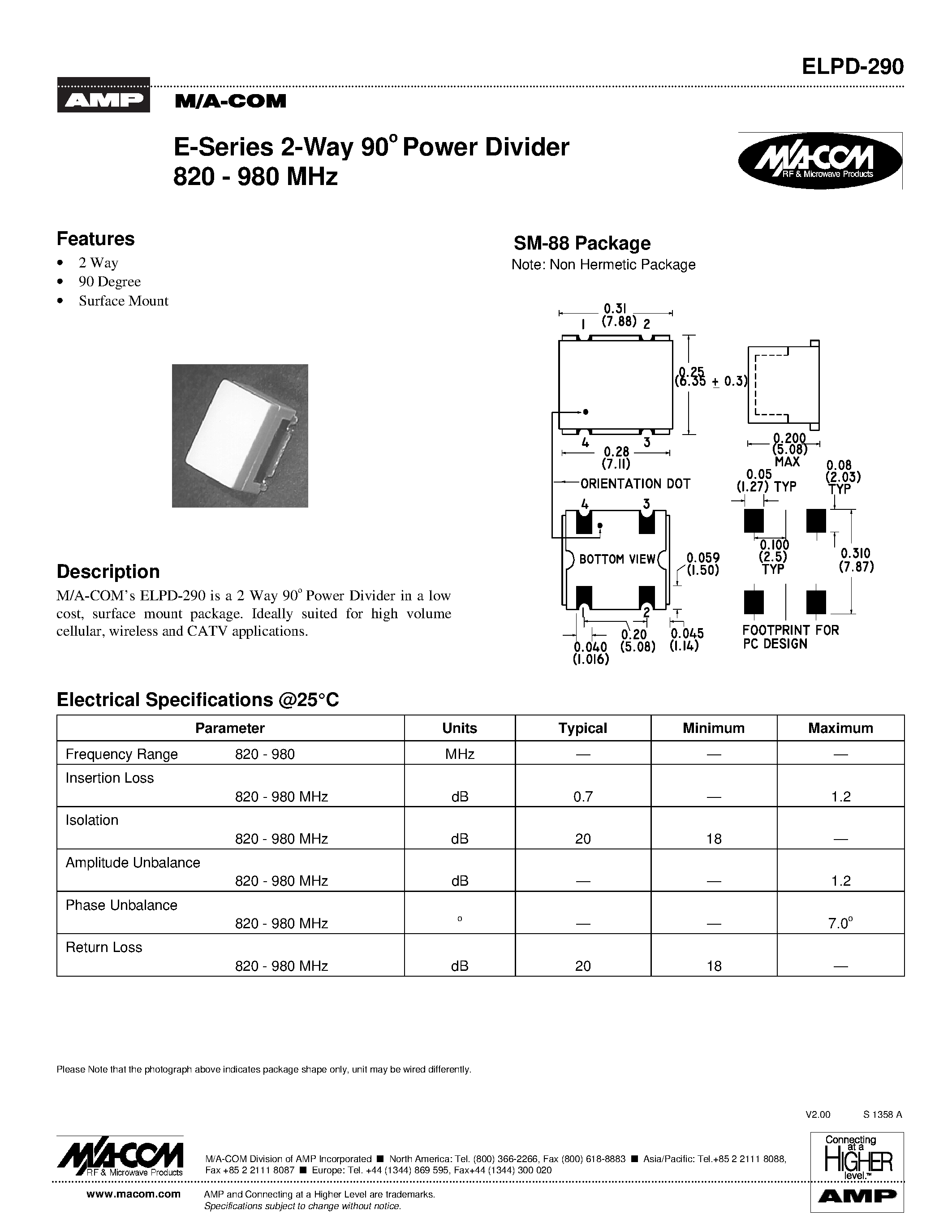 Datasheet ELPD-290 - E-Series 2-Way 90 Power Divider 820 - 980 MHz page 1